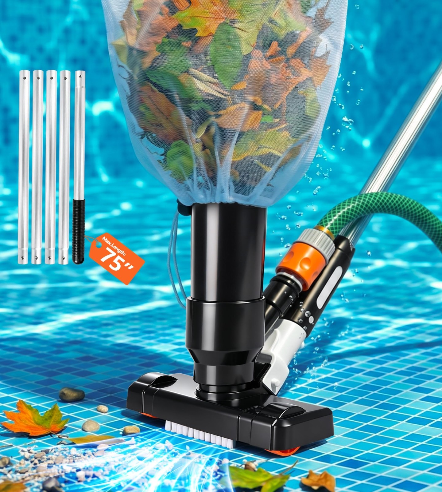 Portable Handheld Pool Vacuum Cleaner for Above Ground Pools & Hot Tubs, 75&Prime; Pol