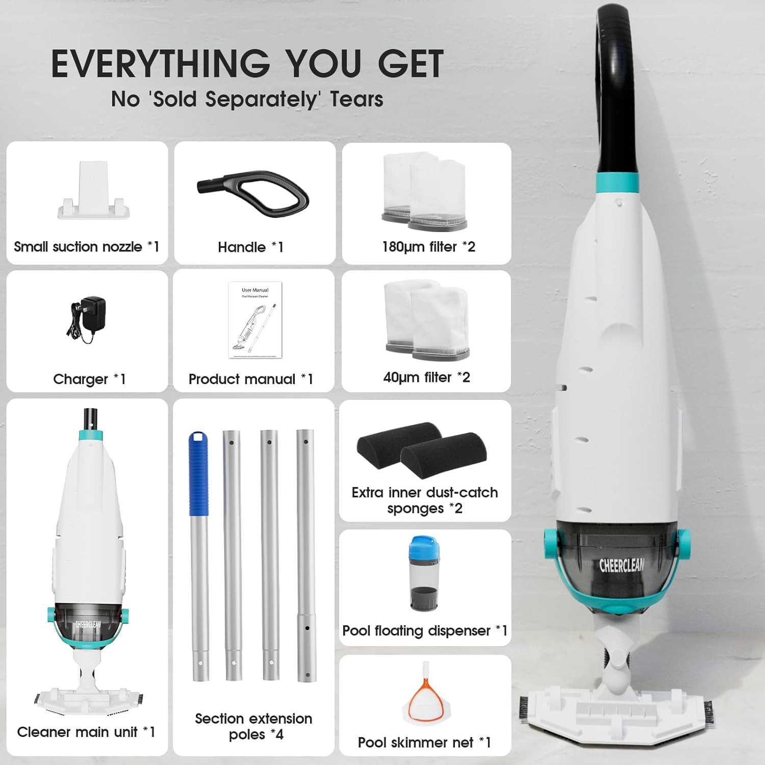 Cordless Handheld Pool Vacuum – 26.5GPM Suction, 60Min Runtime, 2 Heads, Green
