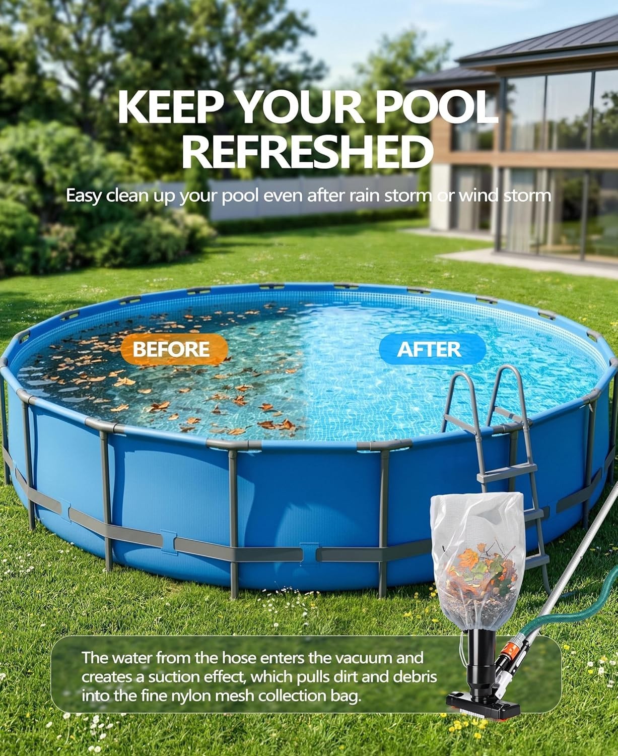 Handheld Pool Vacuum Above Ground Pool Floor Cleaner with Pole Brush