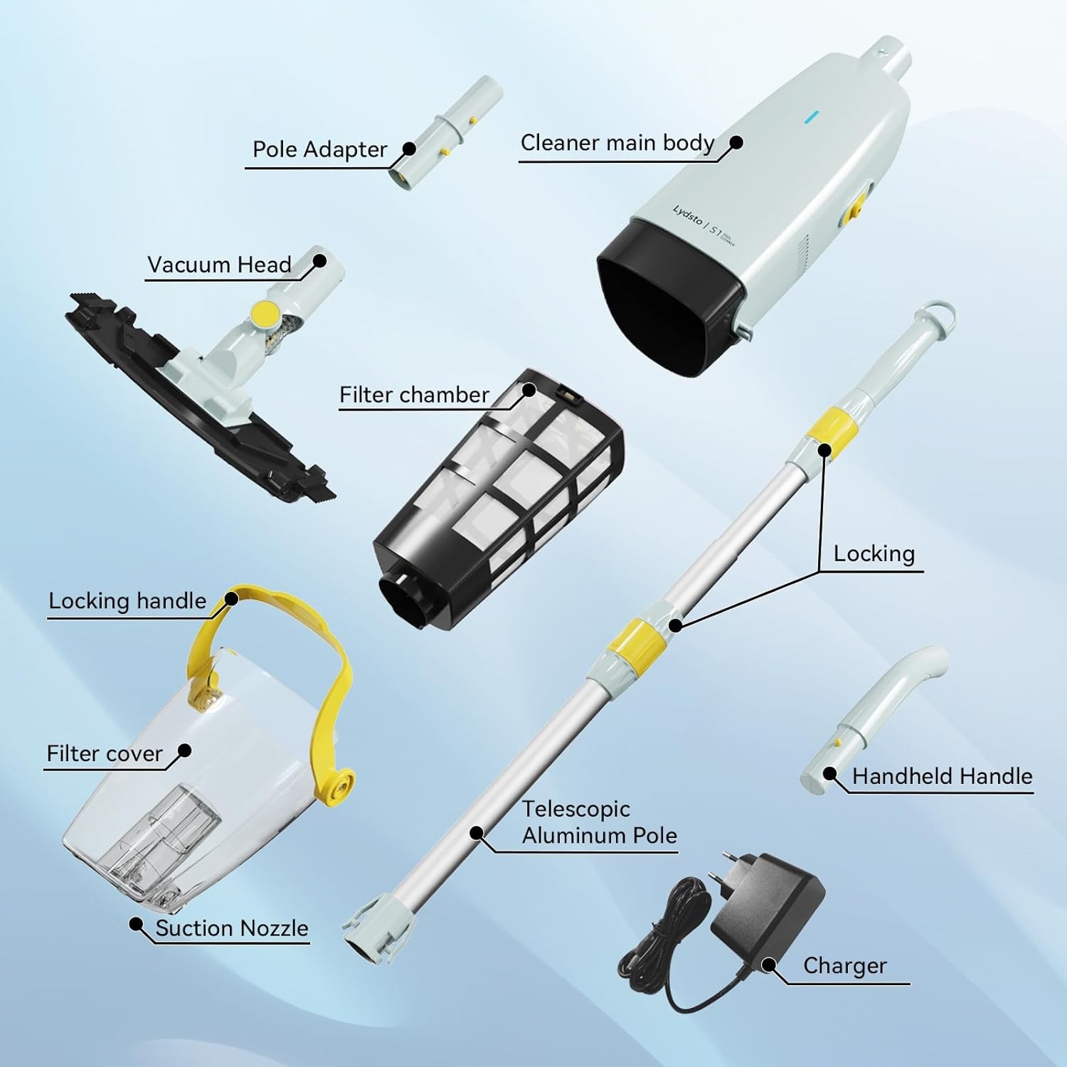 Lydsto Handheld Pool Vacuum w Telescopic Pole, Rechargeable, Strong Suction