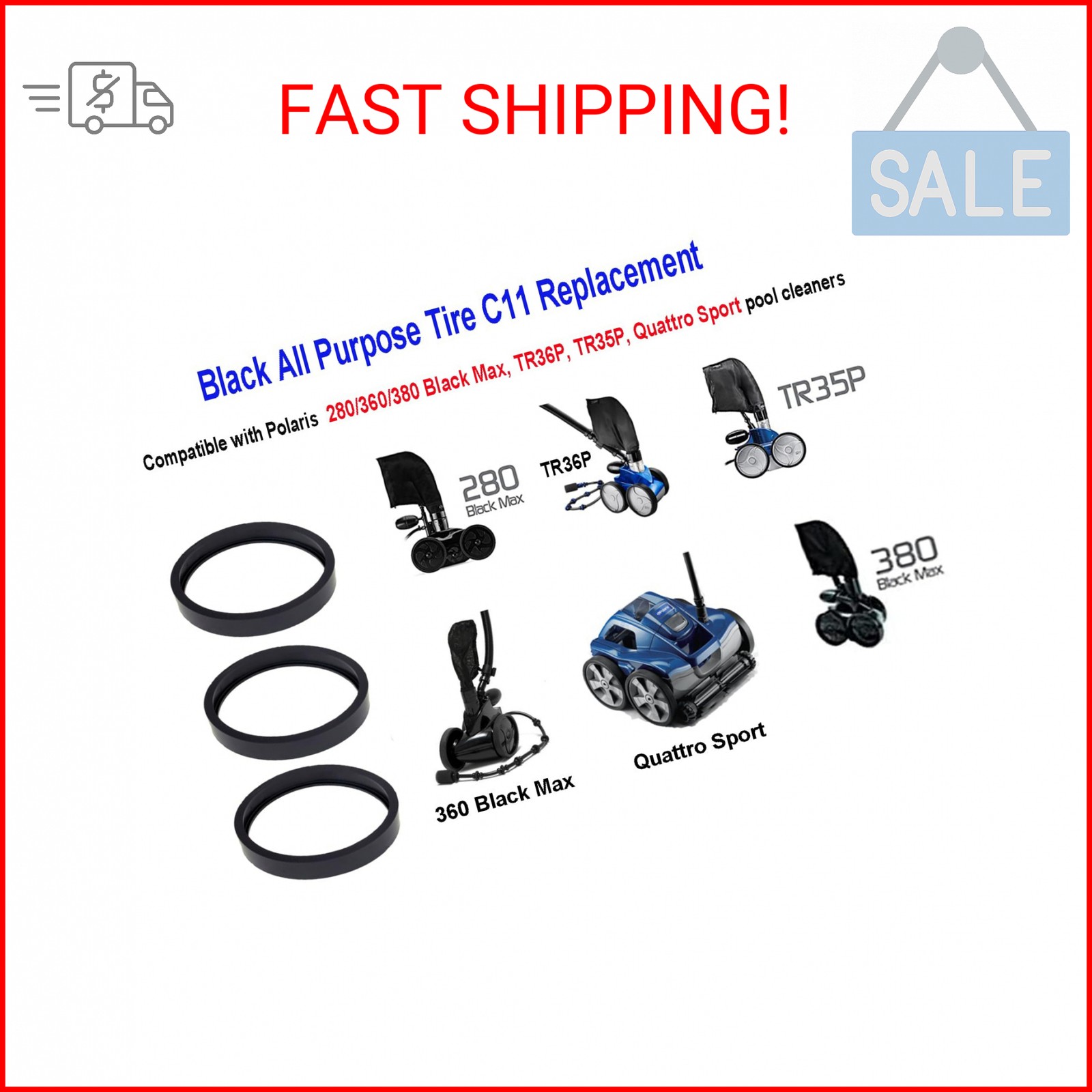 ATIE Pool Cleaner All Purpose Tire C11 For Polaris 280/380/360 Black Max, TR35P,