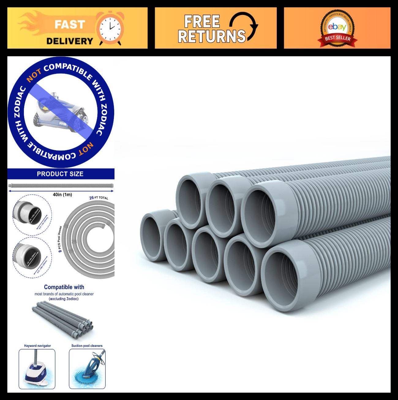 8-Piece 1.5” Pool Vacuum Cleaner Hose Set – Extension/Replacement for All Cleane
