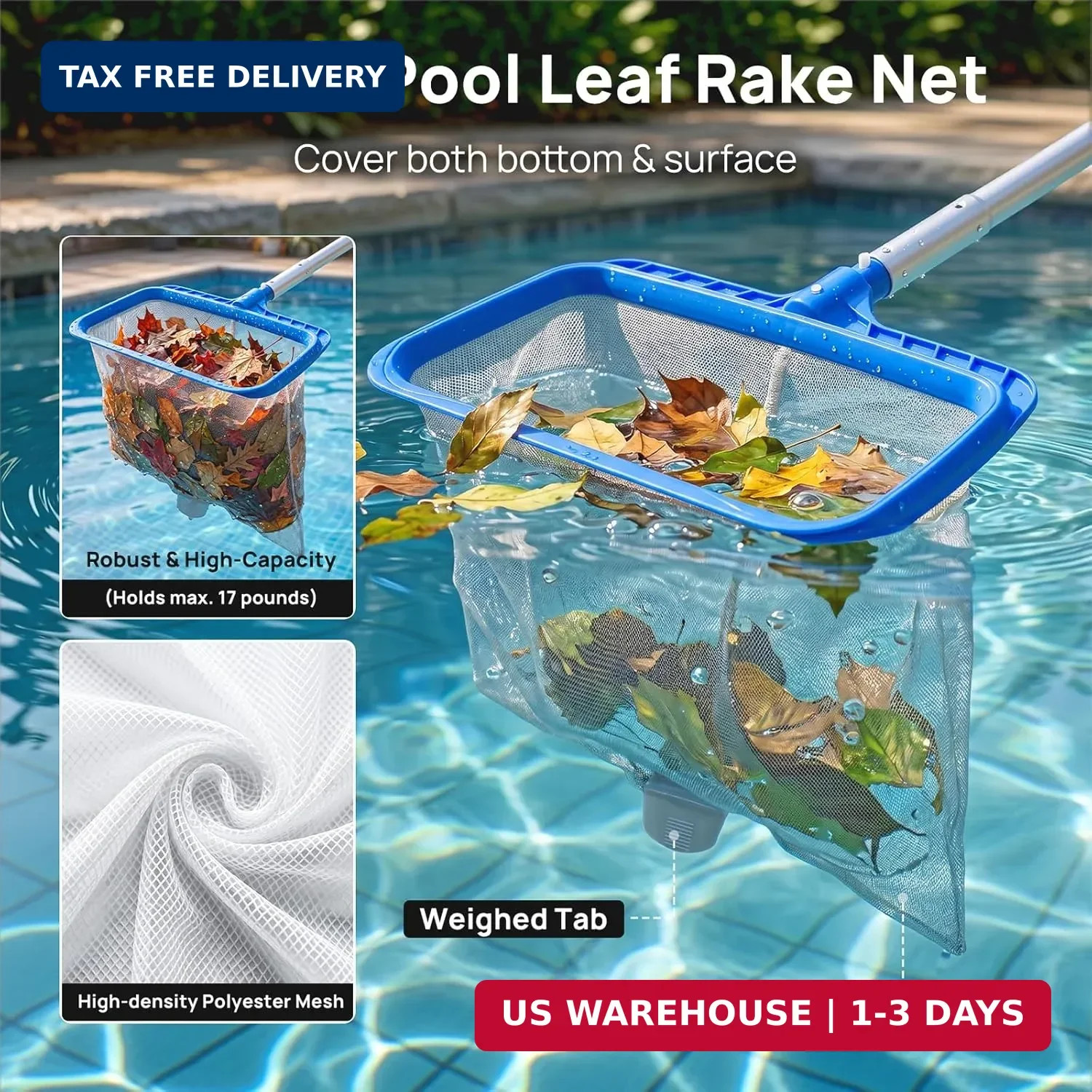 Consciot 3-in-1 Pool Cleaning Kit Includes Leaf Rake Net, Wall Brush & Pole | Da
