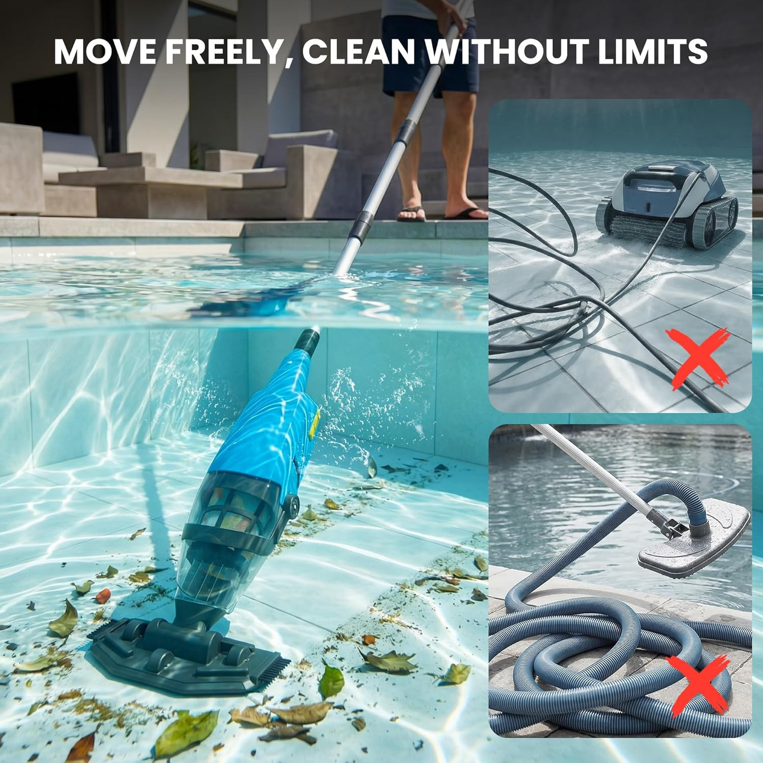 Cordless Pool Vacuum above & Inground Pools, Powerful 15GPM Suction, Handheld Po