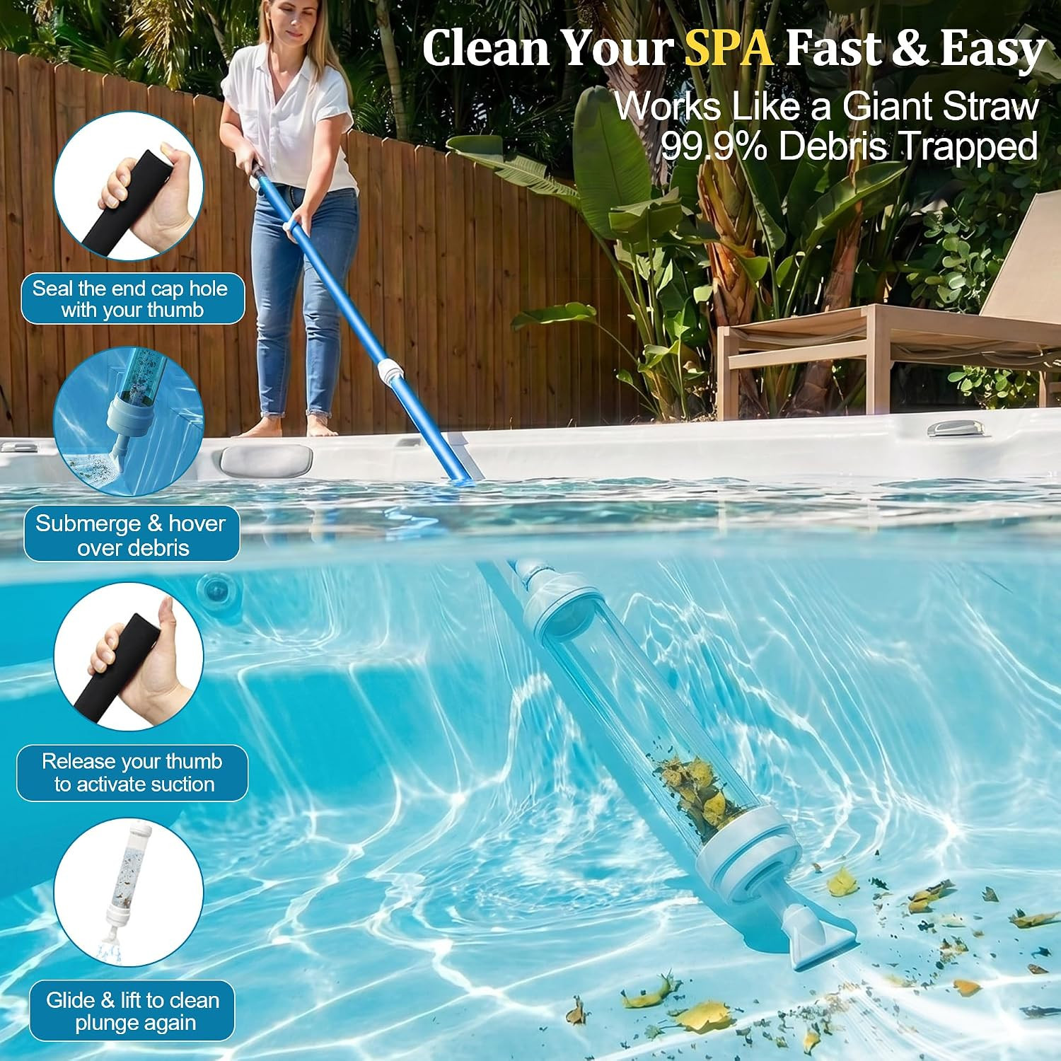 Manual Spa Vacuum for Hot Tub, No Pumping, No Batteries or Electricity, Powered
