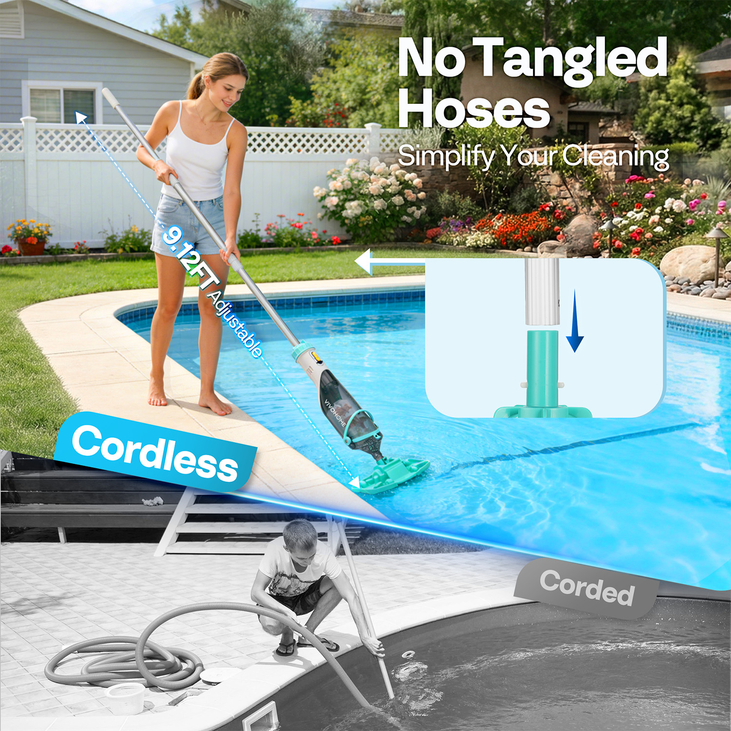 Cordless Rechargeable Pool Vacuum Handheld Pool Cleaner Extension Poles 9.12ft