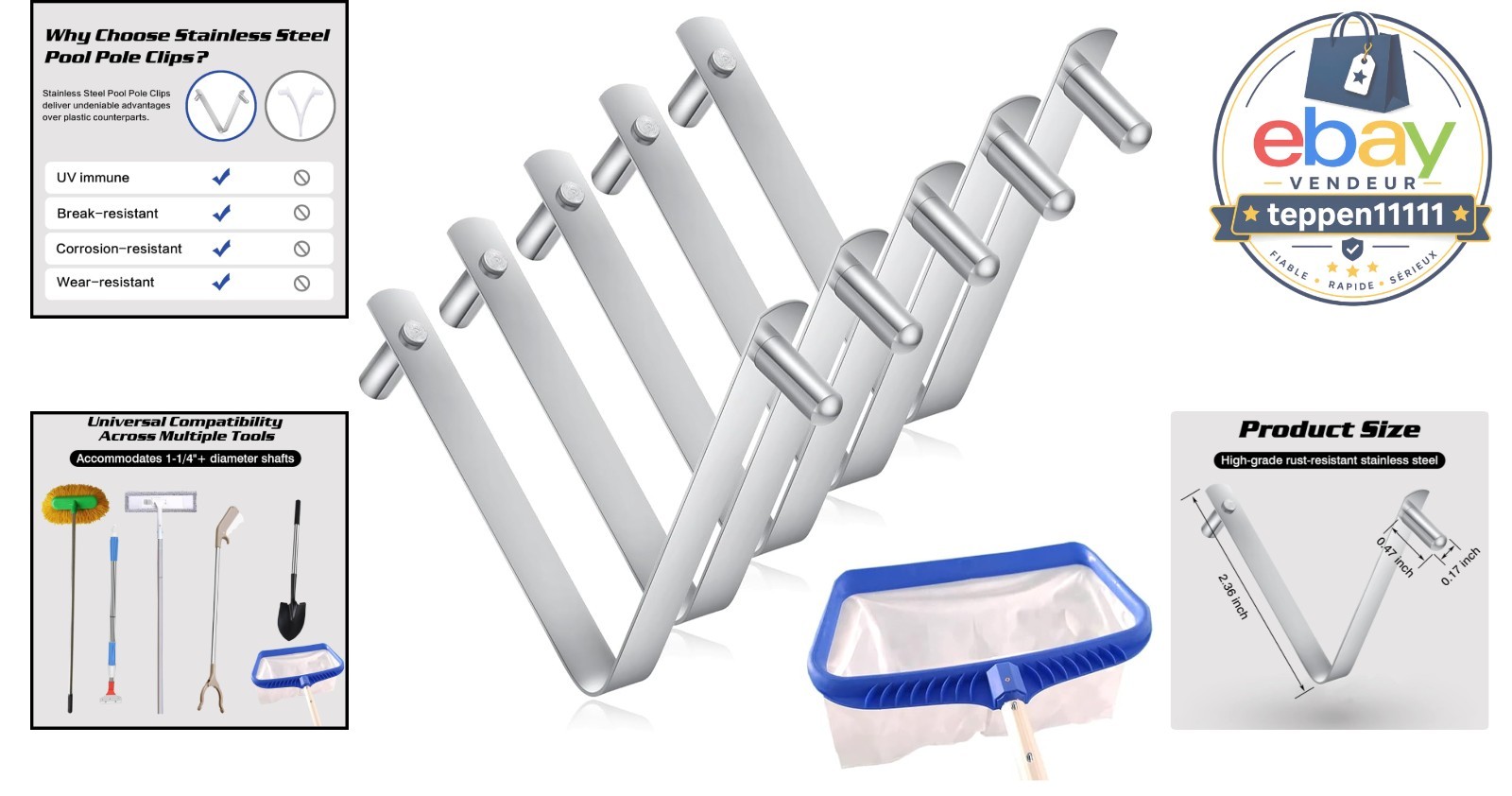 5PCS Pool Pole Clips, V-Shaped Stainless Steel Brush Clips