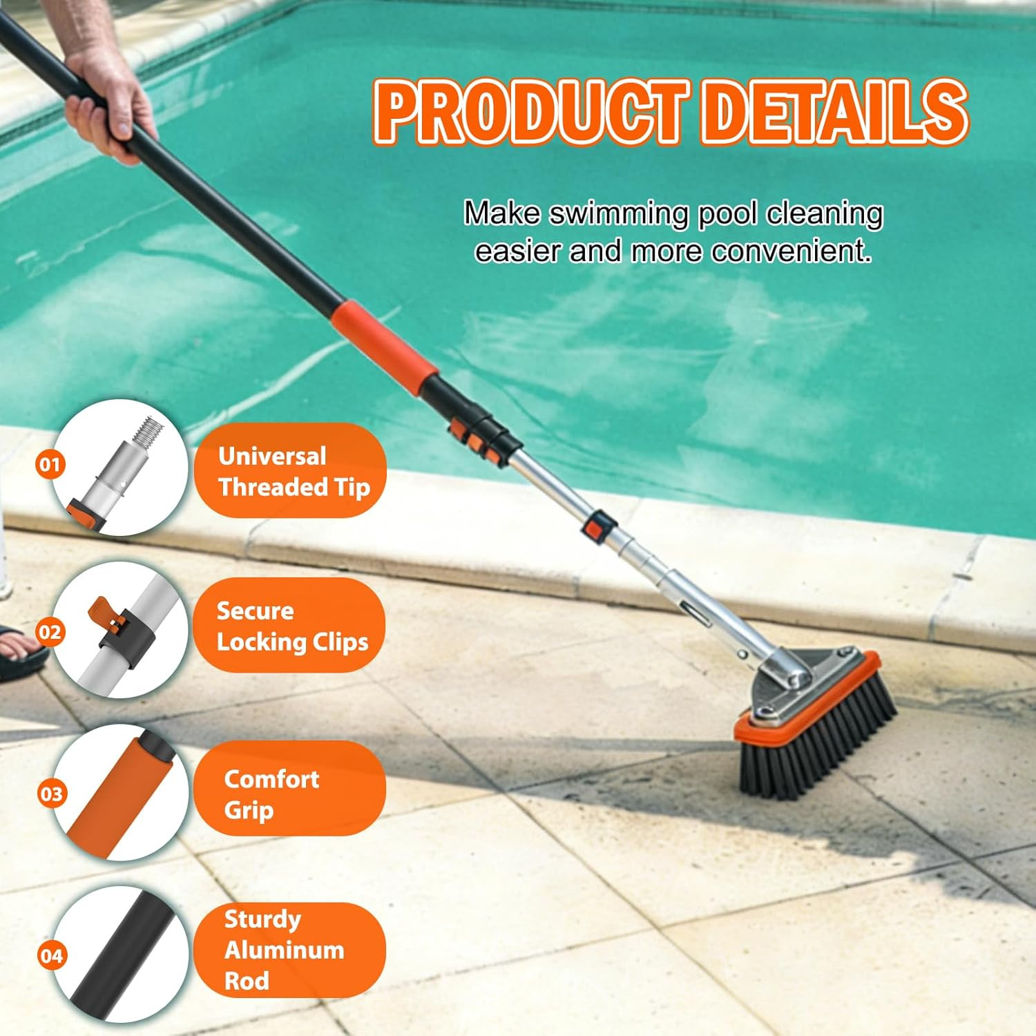 SISIUPASSIE Pool Brush Kit with Pole, Upgrade 18&Prime; Pool Brush and High-Efficiency
