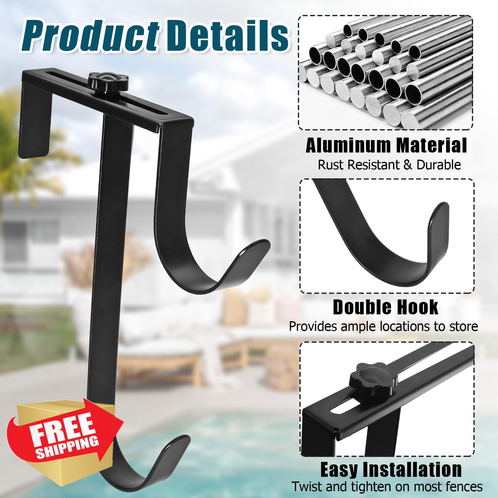Uenhoy 2 Pack Double Pool Fence Hooks for Pool-Equipment, Adjustable Pool Pol…