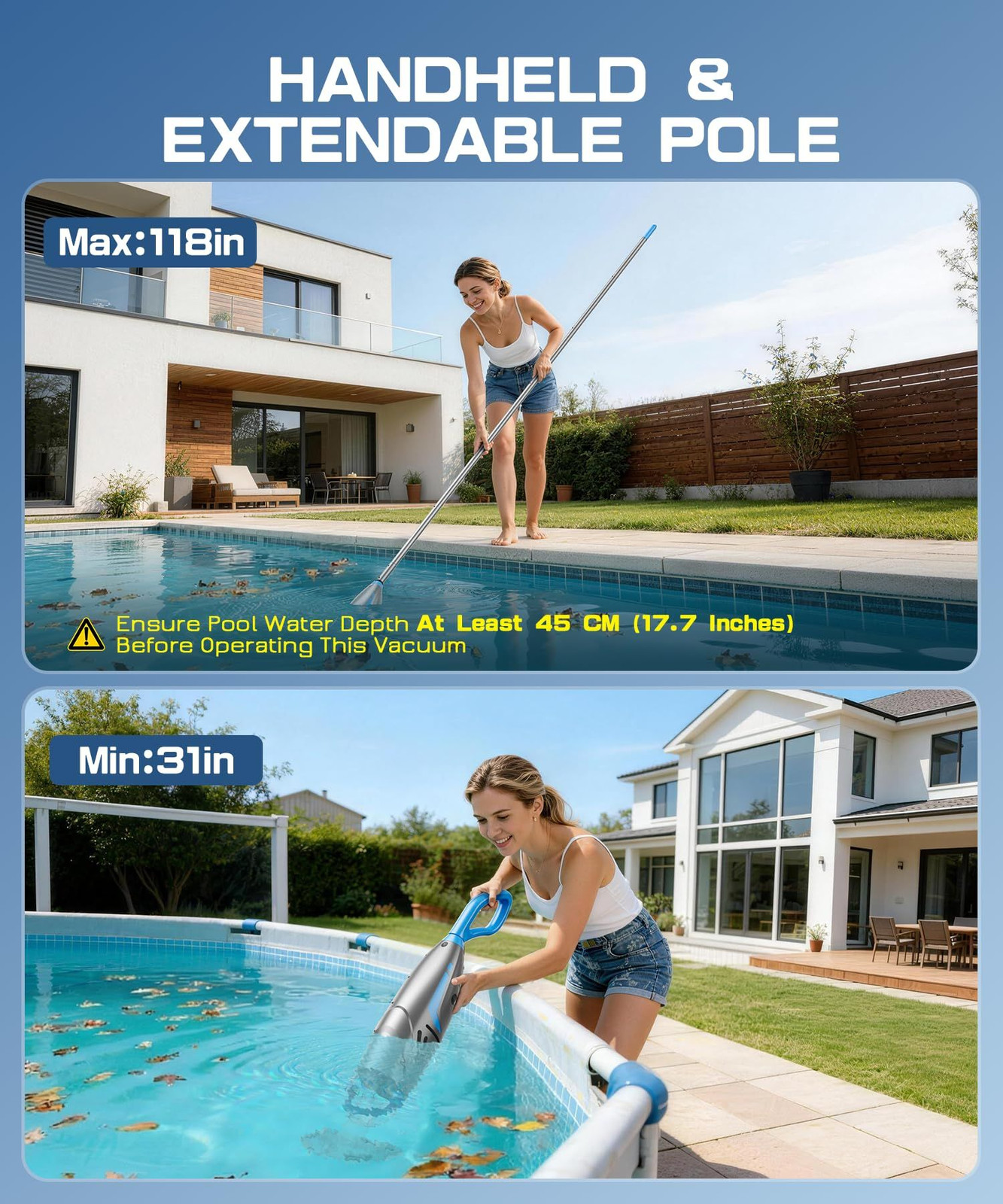 Pool Vacuum for Above Ground & Inground Pools, Premium Kit, Silver-Blue