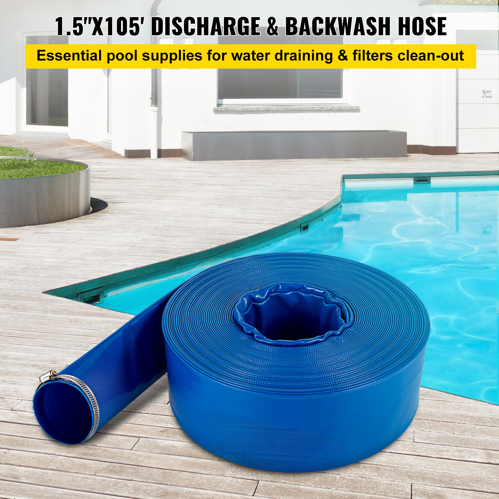 VEVOR Discharge Hose Lay Flat Hose 1-1/2&Prime; x 100&prime; PVC Backwash Drain Hose w/Clamp