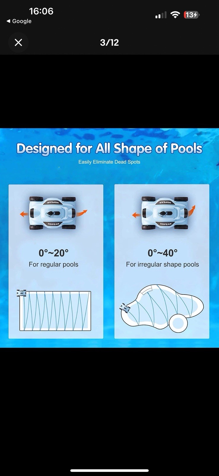 Robotic Pool Cleaner 110 Mins Auto-Parking Rechargeable Automatic 50 Feet Blue