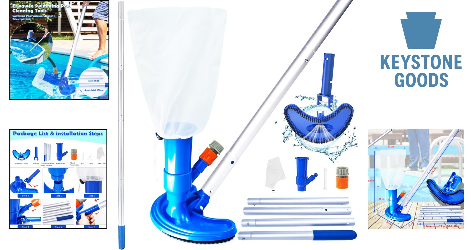 Portable Pool Vacuum Cleaner Kit with Telescopic Aluminium Pole & Fine Mesh L…