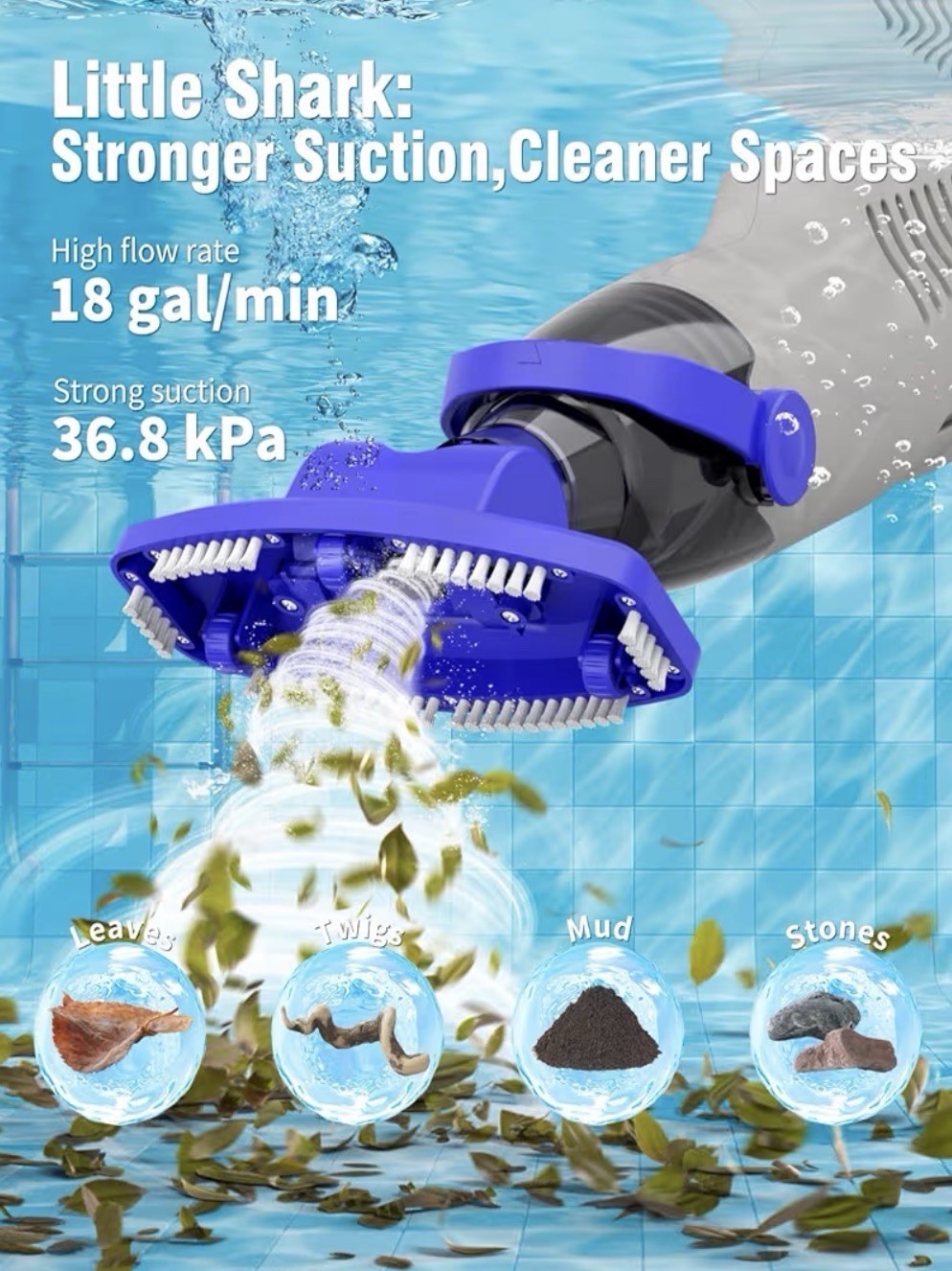 Pool Vacuum Above Ground 60w Motor,18 Gal/Min Powerful Suction 5000mAh Battery