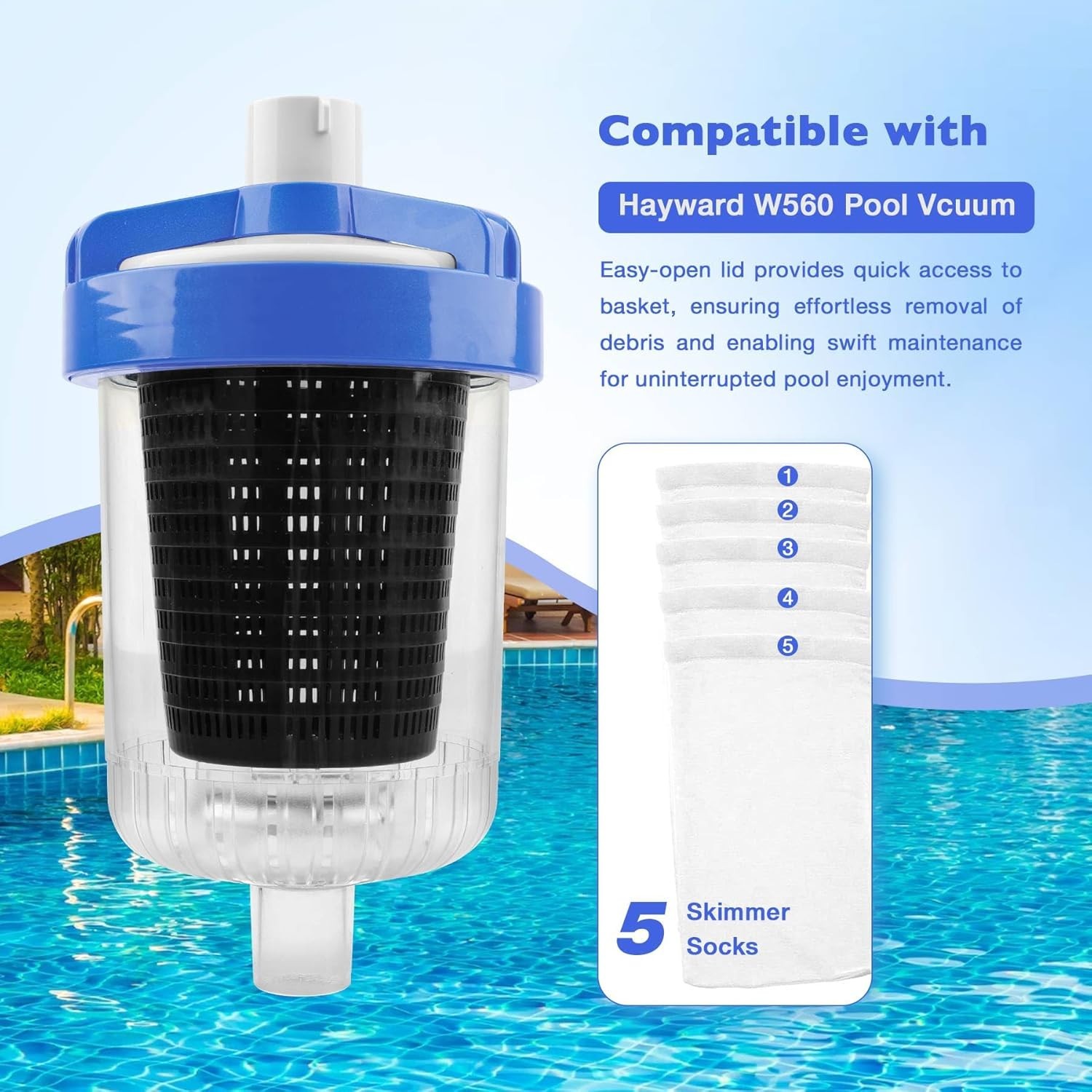 NEW Inline Pool Leaf Canister Leaf Catcher Filter w/ Strainer Basket 5 Socks