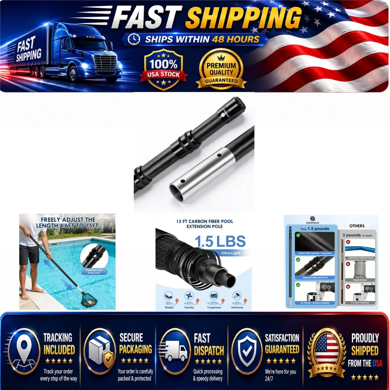 CROHDLE Carbon Fiber Telescopic Pool Pole 4.6-15 FT Adjustable