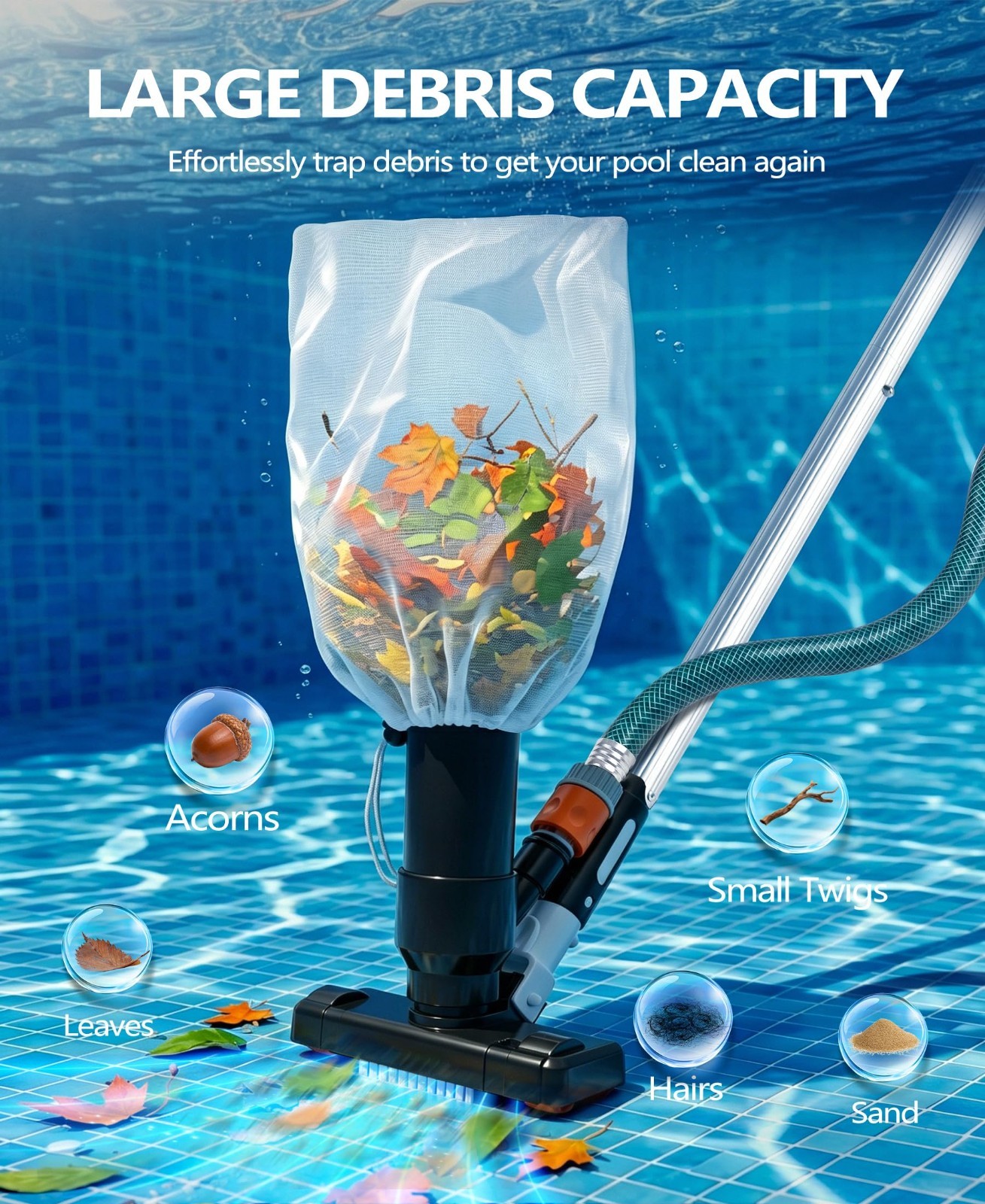 Portable Handheld Pool Vacuum Cleaner for Above Ground Pools & Hot Tubs, 75&Prime; Pol