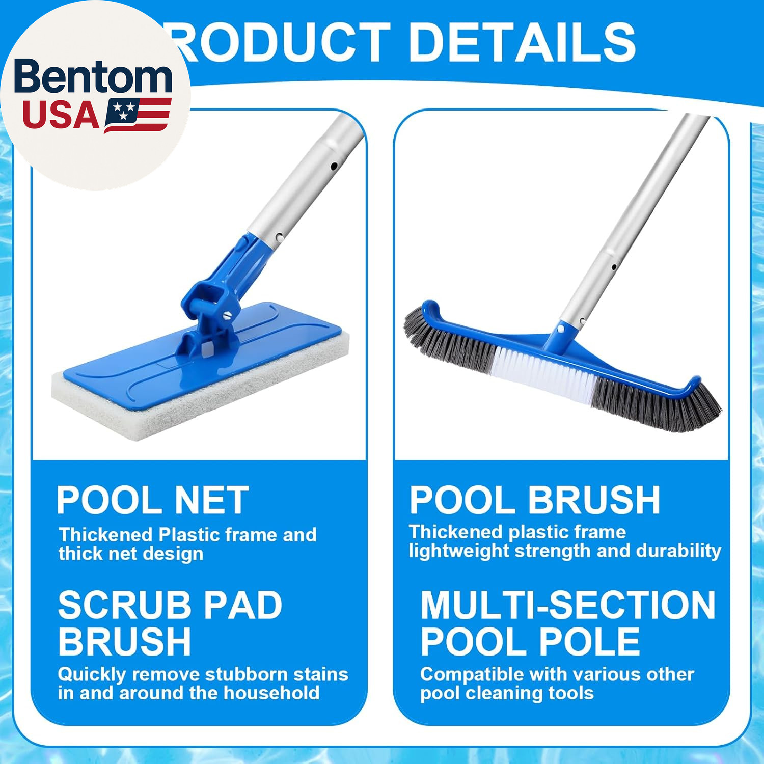 4 Pack Swimming Pool Cleaning Kit Including Pool Cleaning Brush Scrubbing Scouri