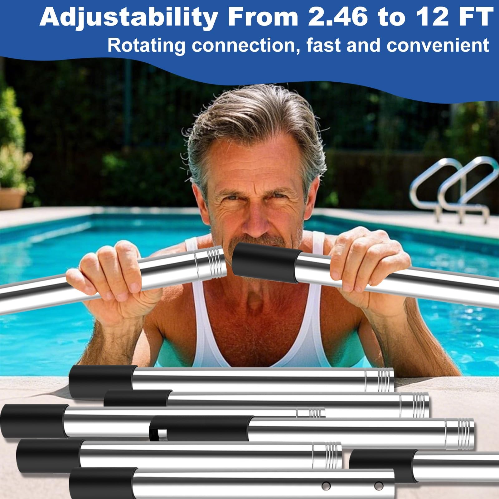 Telescopic 12 Ft Stainless Steel Pool Pole for Skimmer, Brush, Vacuum Cleaning