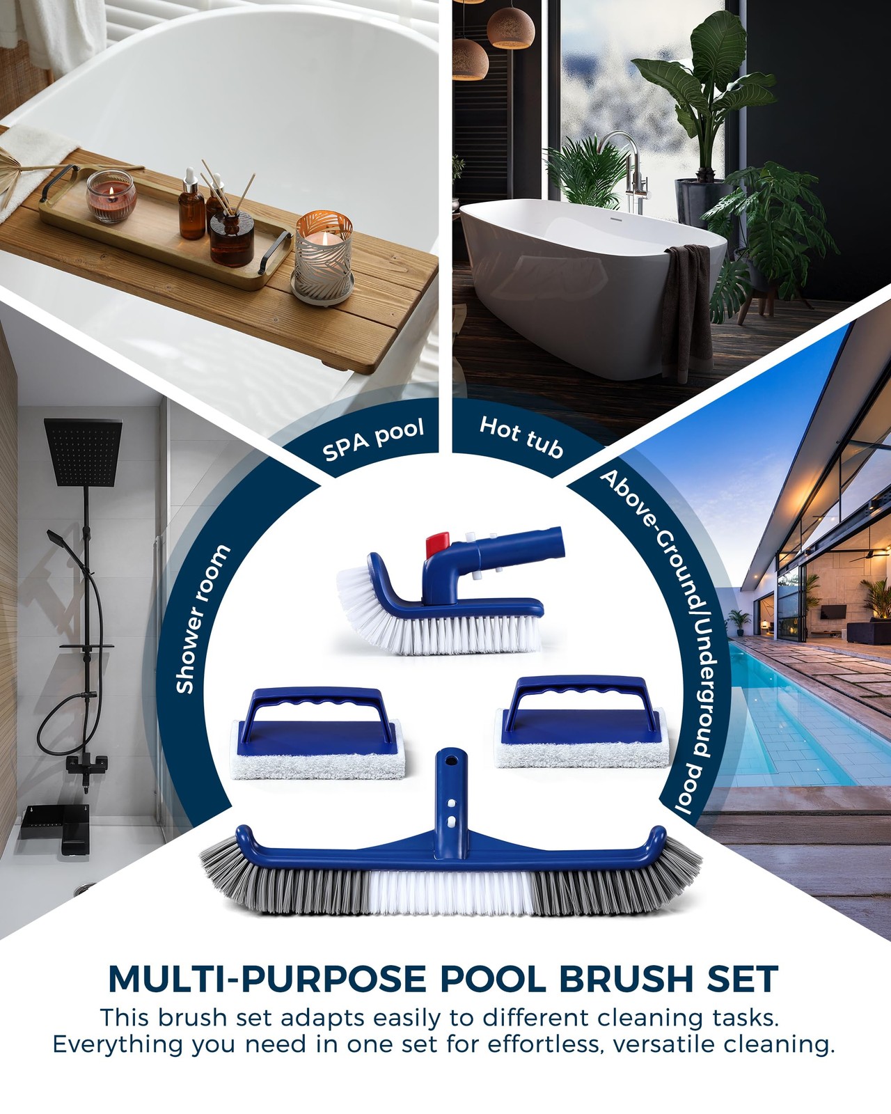 3-in-1 Full-Coverage Pool Brush Head Set – 17.5 inches, Blue, White, Grey
