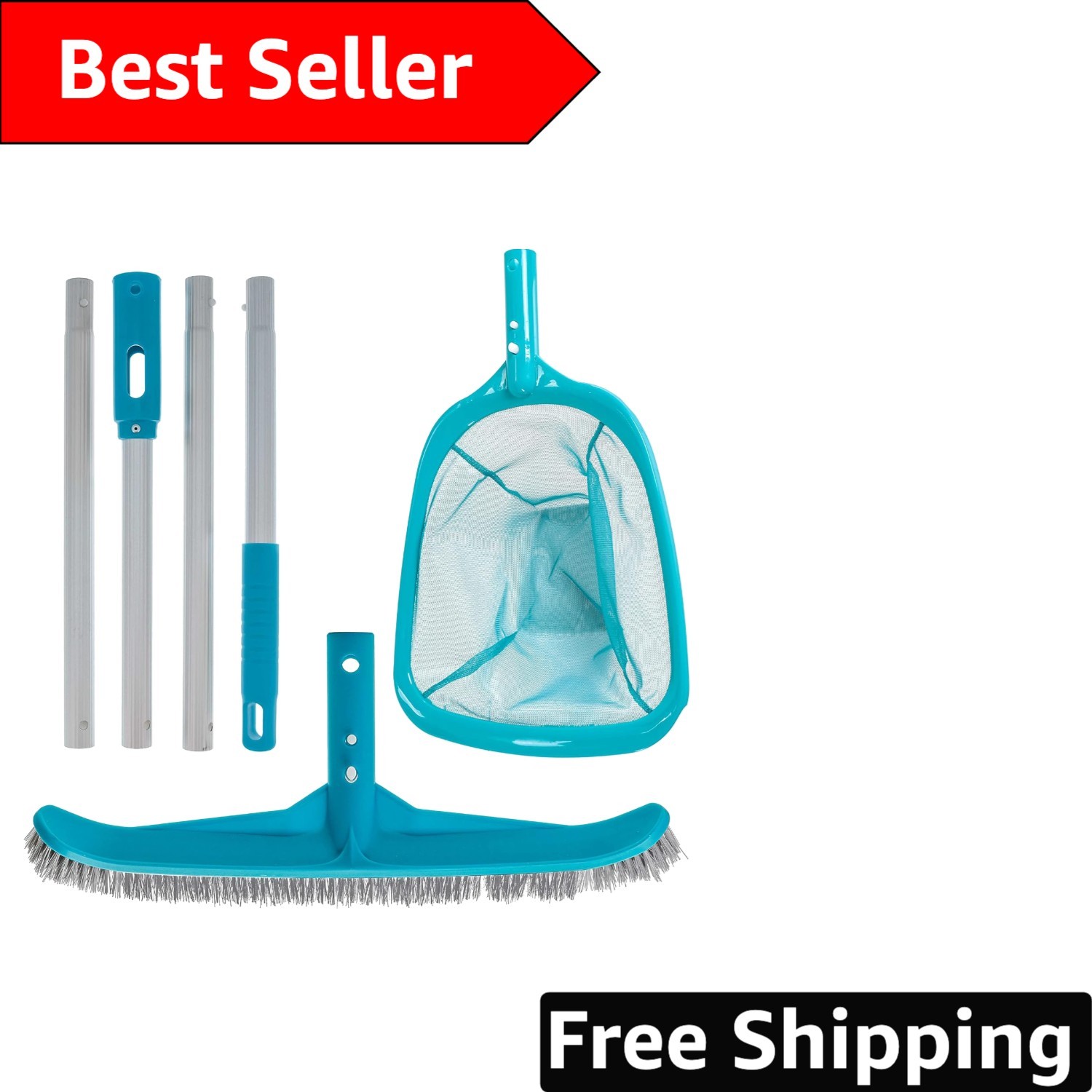 Deluxe Pool Care Set: Leaf Skimmer Net, Nylon Brush & Adjustable Telescopic Pole