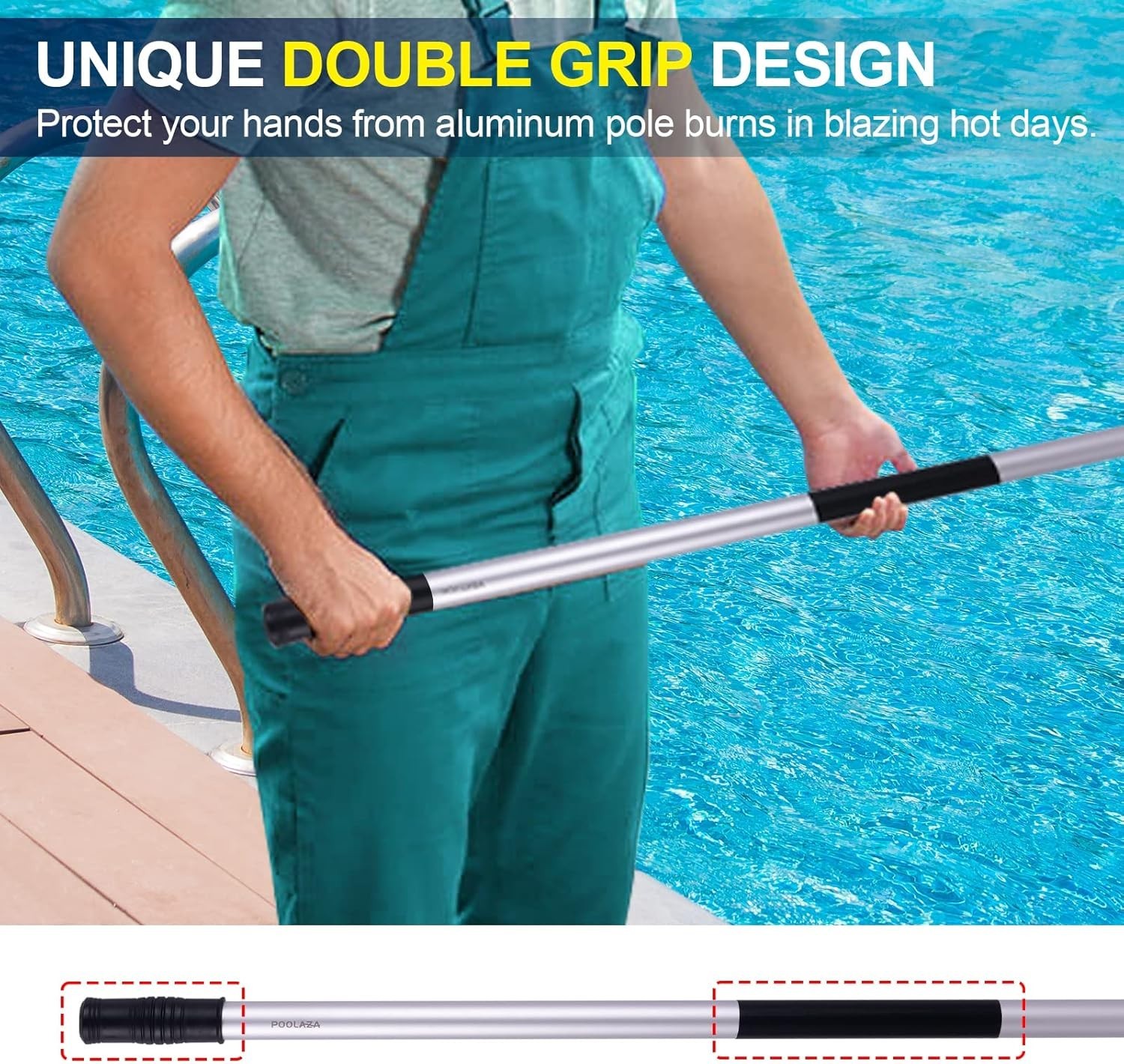 16ft Heavy Duty Pool Cleaning Pole Detachable Aluminum 4-Section Double Grip Pol