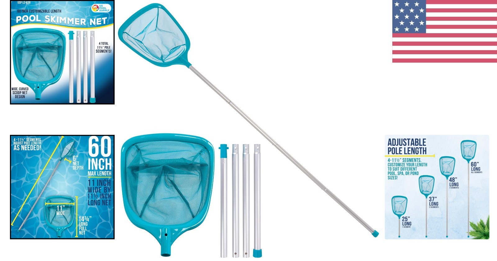 5-Foot Lightweight Pool Leaf Skimmer Net with 4 Aluminum Poles for Easy Cleaning