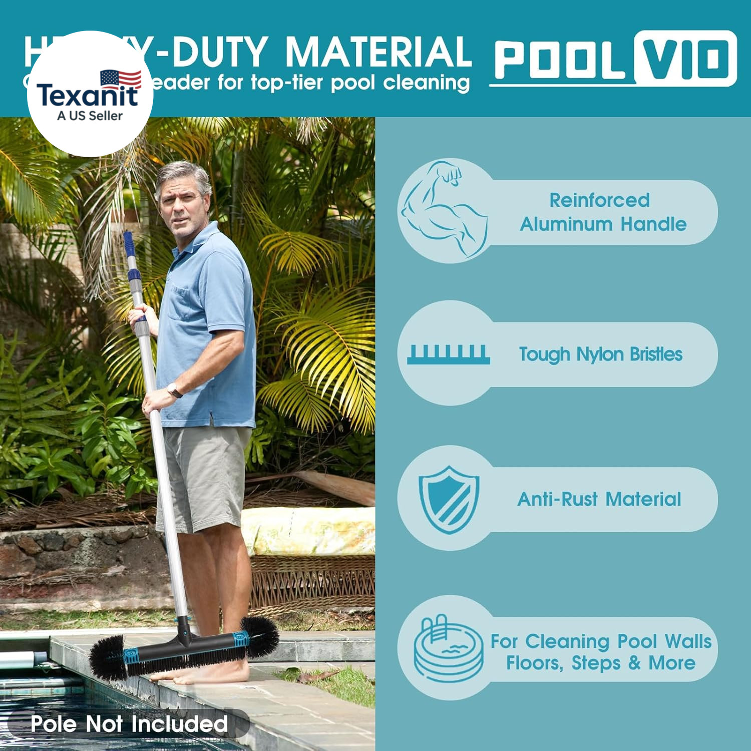 Poolvio 20&Prime; 2 in 1 Pool Brush Head for Swimming Pool, Heavy Duty Scrub Brush wit