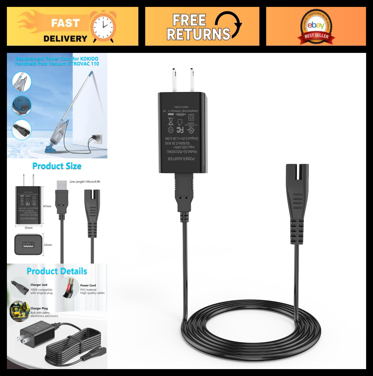 5V Charger for Cordless Pool Vacuum Cleaner – Compatible with Xtrovac 100 110 20