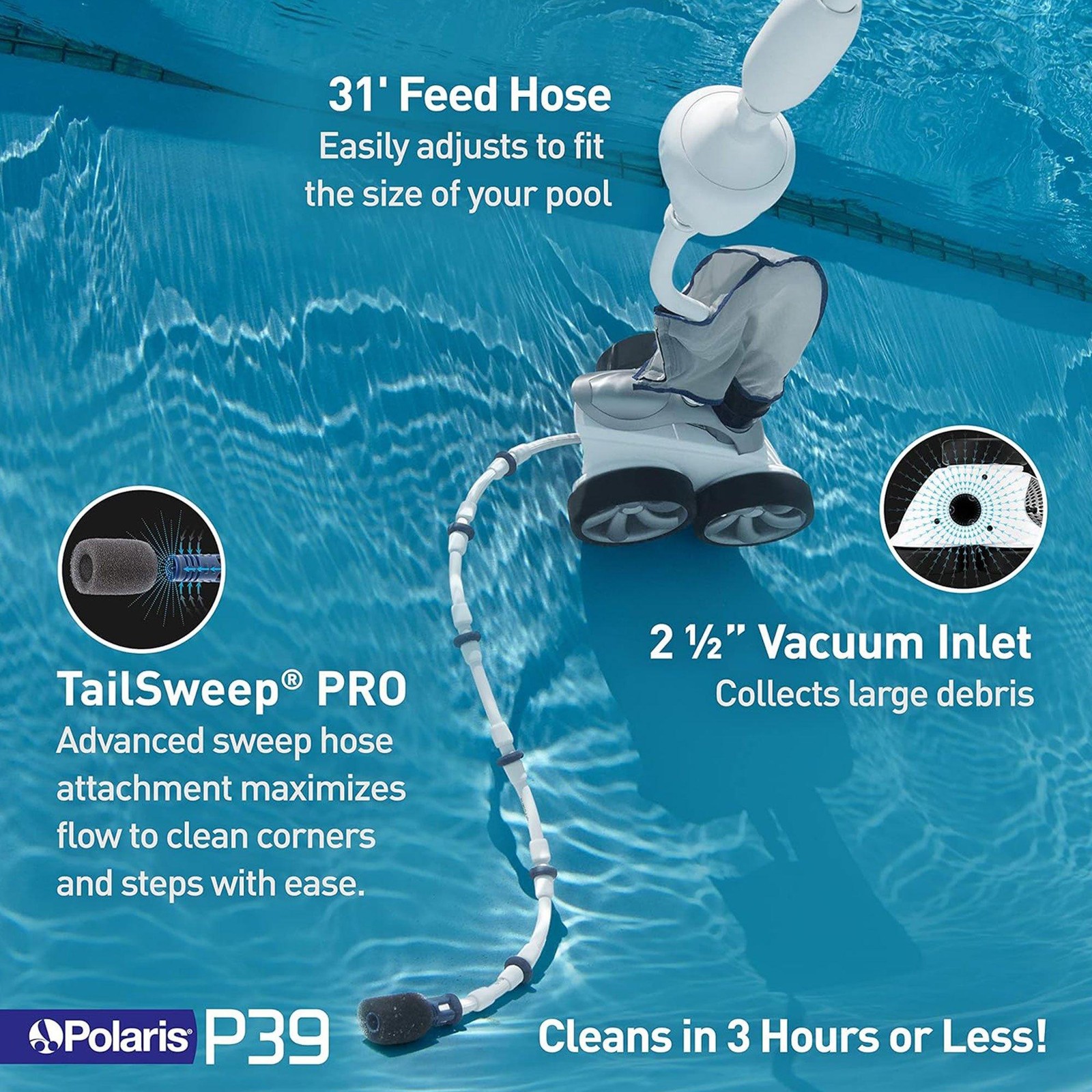 Polaris P39 Pressure Side Pool Cleaner – All Wheel Drive – TailSweep PRO – Dual