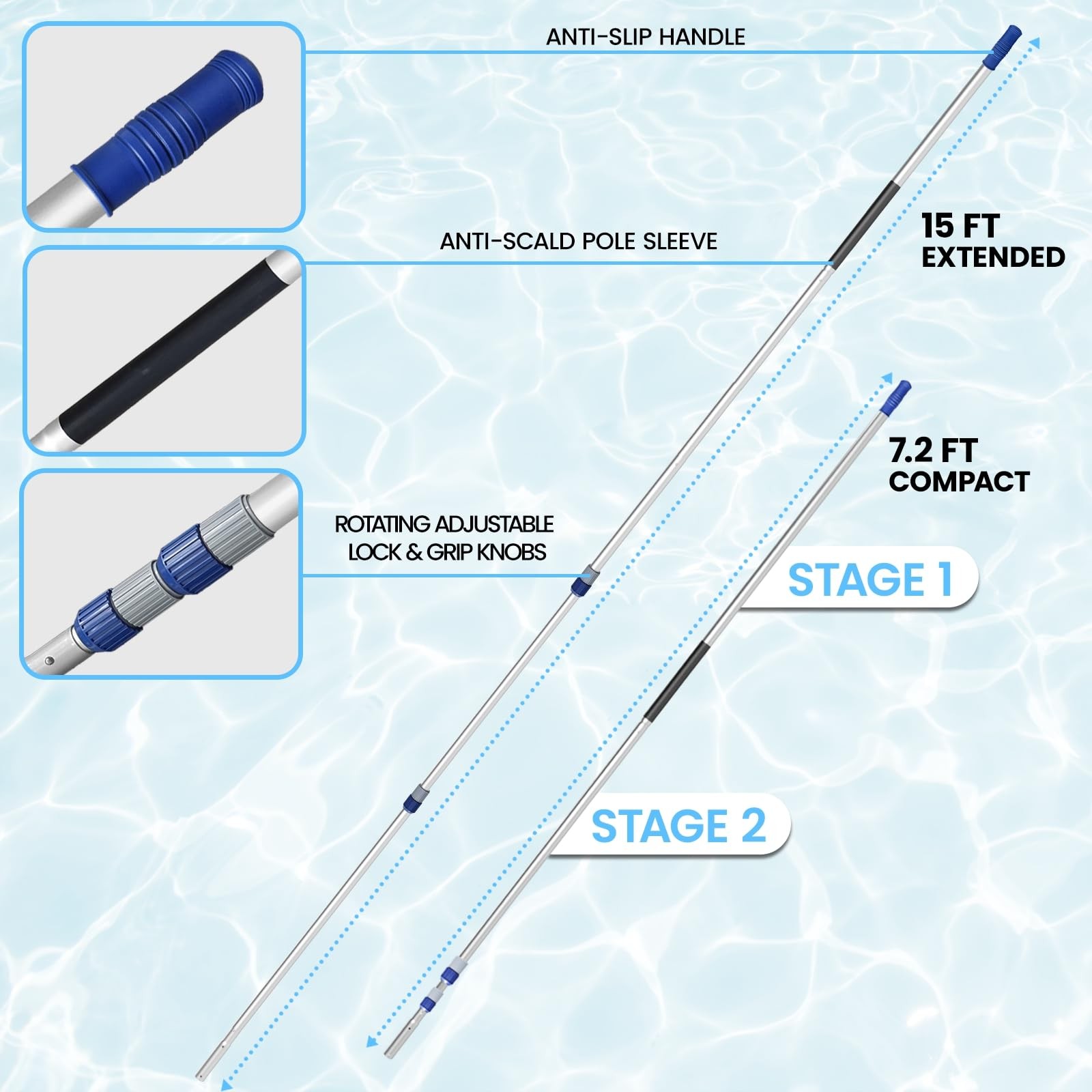 Pool Pole 15FT Telescopic 3Piece Aluminum Extension Cleaning Tool