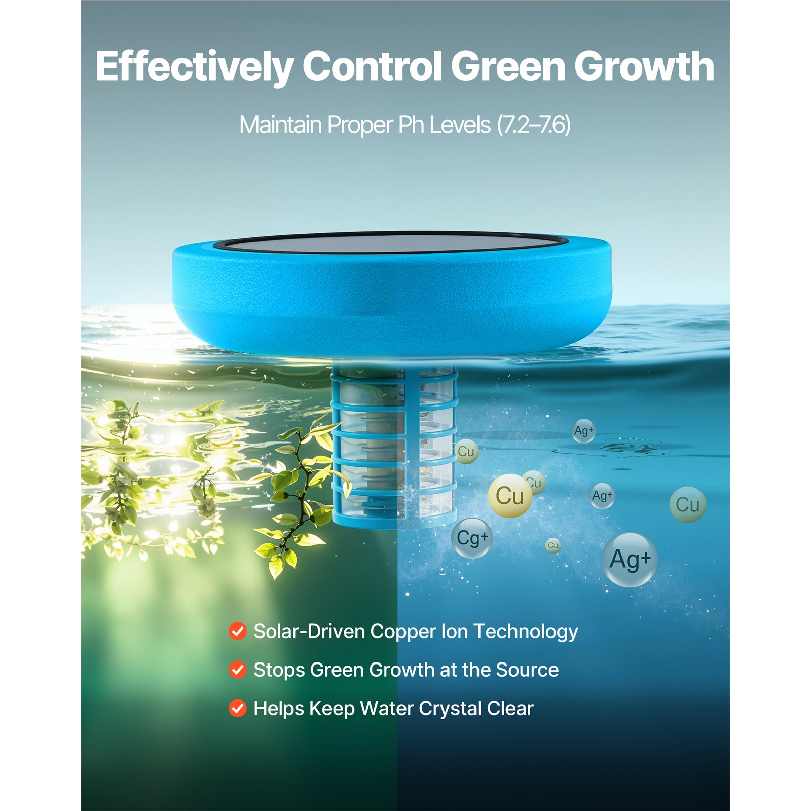 Uimoso Solar Pool Ionizer Round Copper Purifier for Pools Up to 35000 Gal, Blue