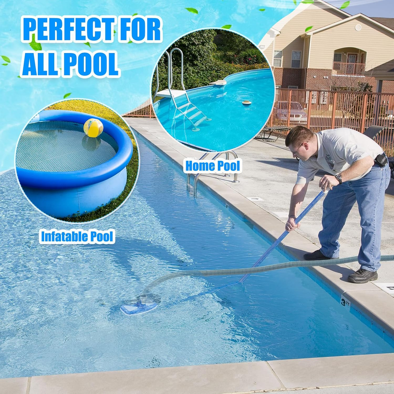 4 Pcs Swimming Pool Vacuum Kits 11.8&Prime; Vacuum Head with 1-1/2&Prime; X 29.5 Ft Hoses, 1