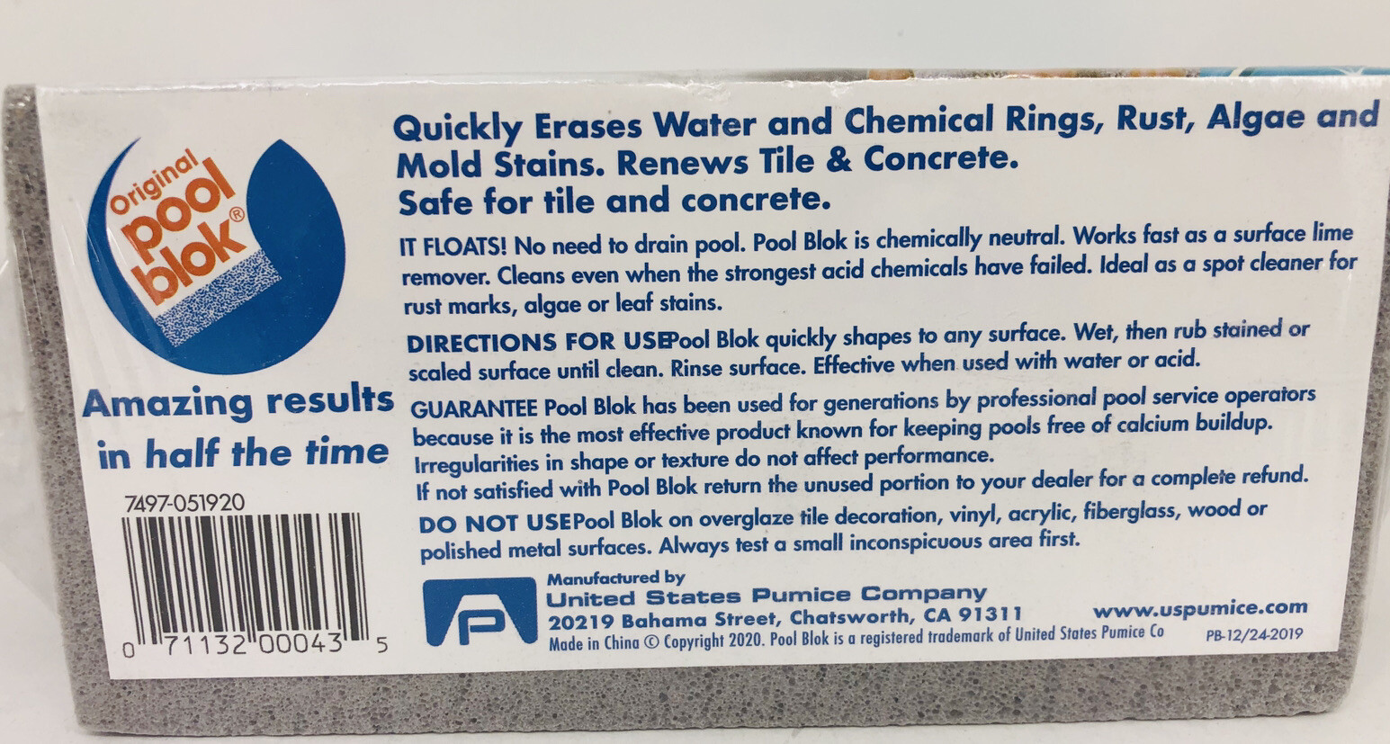 Floating Pool Blok Pumice Stone for Pool Spa Tile Concrete Cleaning Size 6x3x3&Prime;