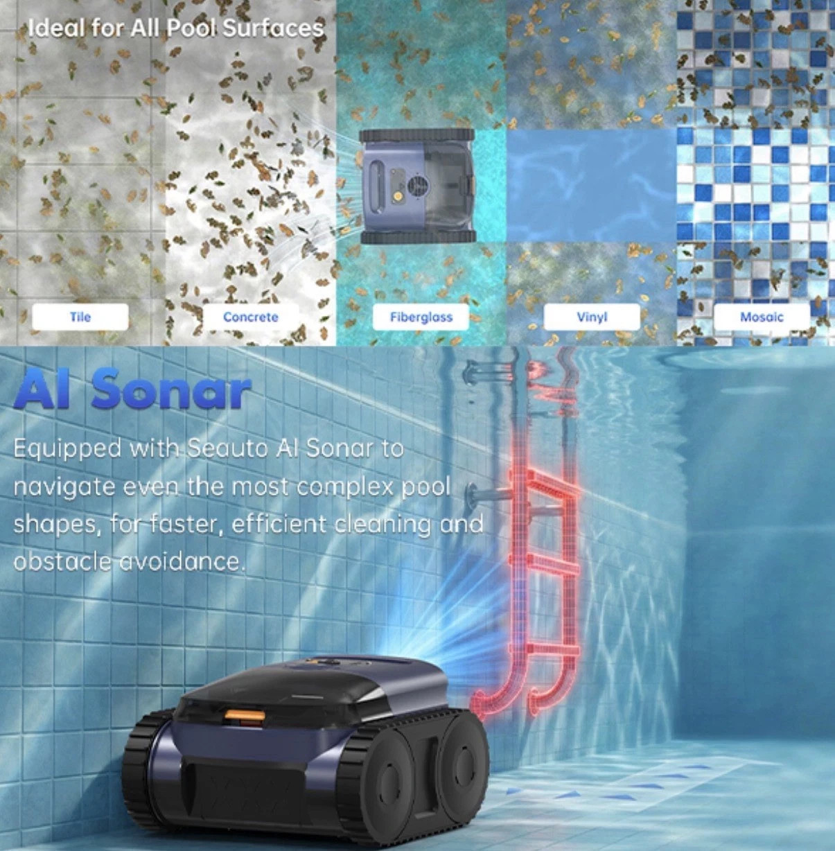 NEW Seauto Cordless Robotic Pool Vacuum Cleaner 3H Floor/Walls/Waterline Cleans