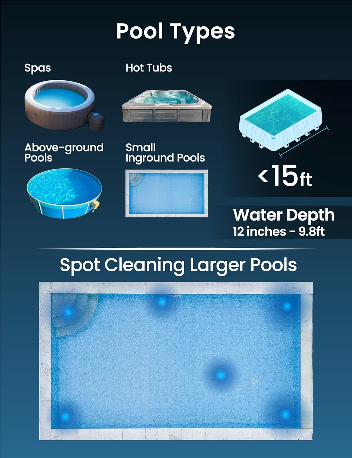 KOKIDO Cordless Handheld Pool Vacuum for above Ground Pool, with 6Ft Pole and 2