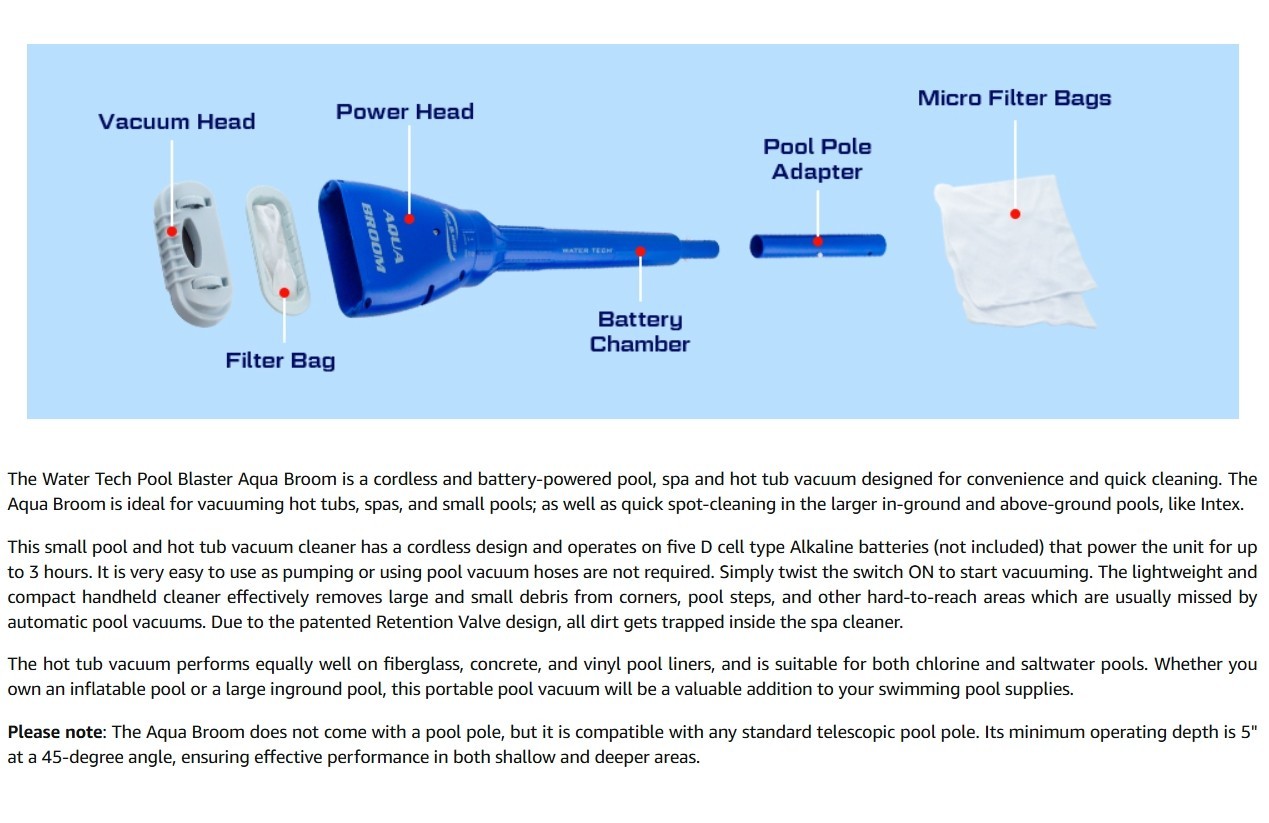 Aqua Broom Hot Tub Vacuum Cordless Spa Vac for Inflatable Above Ground &Inground