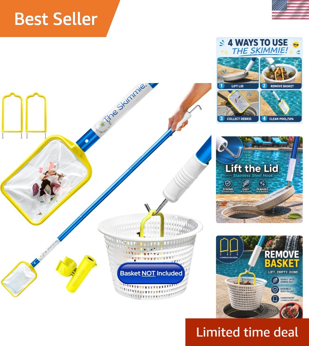 Hands-Free 53&Prime; Pool Skimmer Net & Anodized Aluminum Pole for Effortless Cleanup