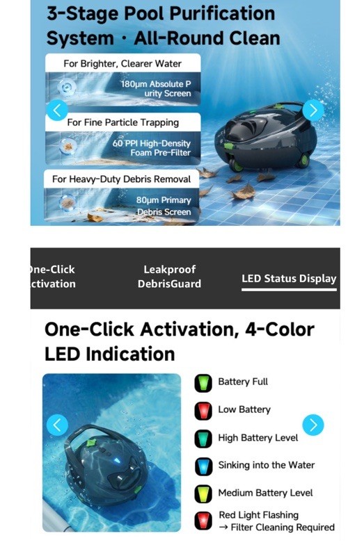 Pool Robot Vacuum Cleaner Robotic Floor Cleaner Cordless for Pool Maintenance