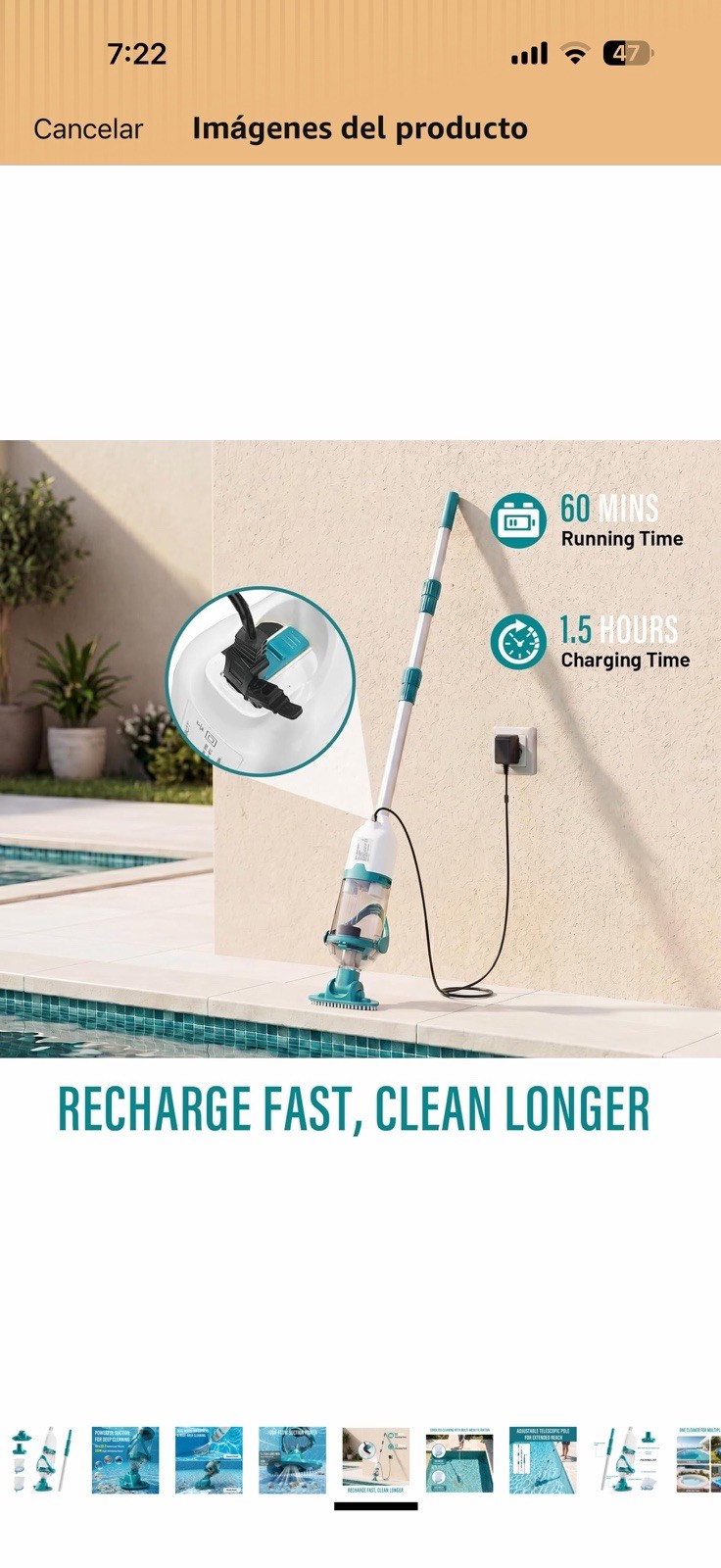 STARRYBOT Pool Vacuum 60 Min Rechargeable 13.2 GPM Blue/White w/ Pole