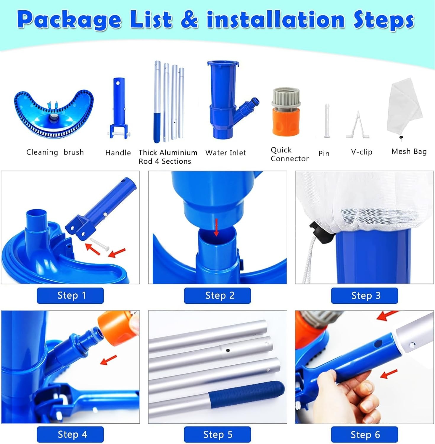 Portable Pool Vacuum Cleaner Kit with Telescopic Aluminium Pole & Fine Mesh L…