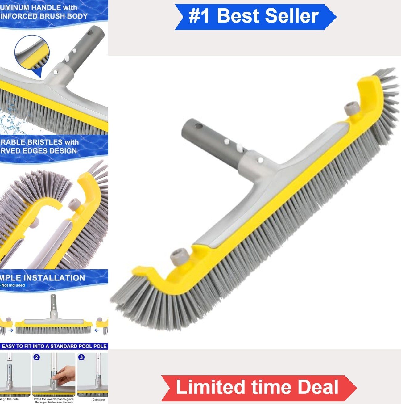 20 Inch Pool Brush Heavy Duty BPT Bristles Aluminum Handle Curved Ends Inground