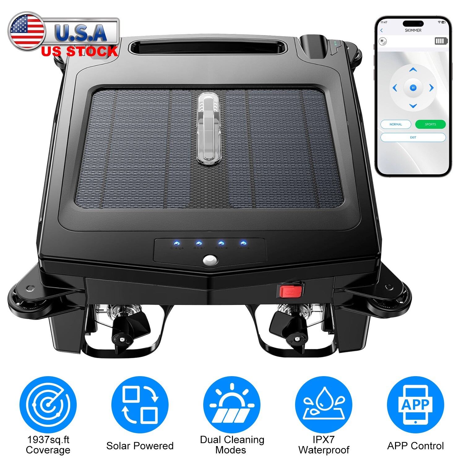 Solar Cordless Robotic Pool Cleaner Skimmer w/ APP Control for Pool Cleaning