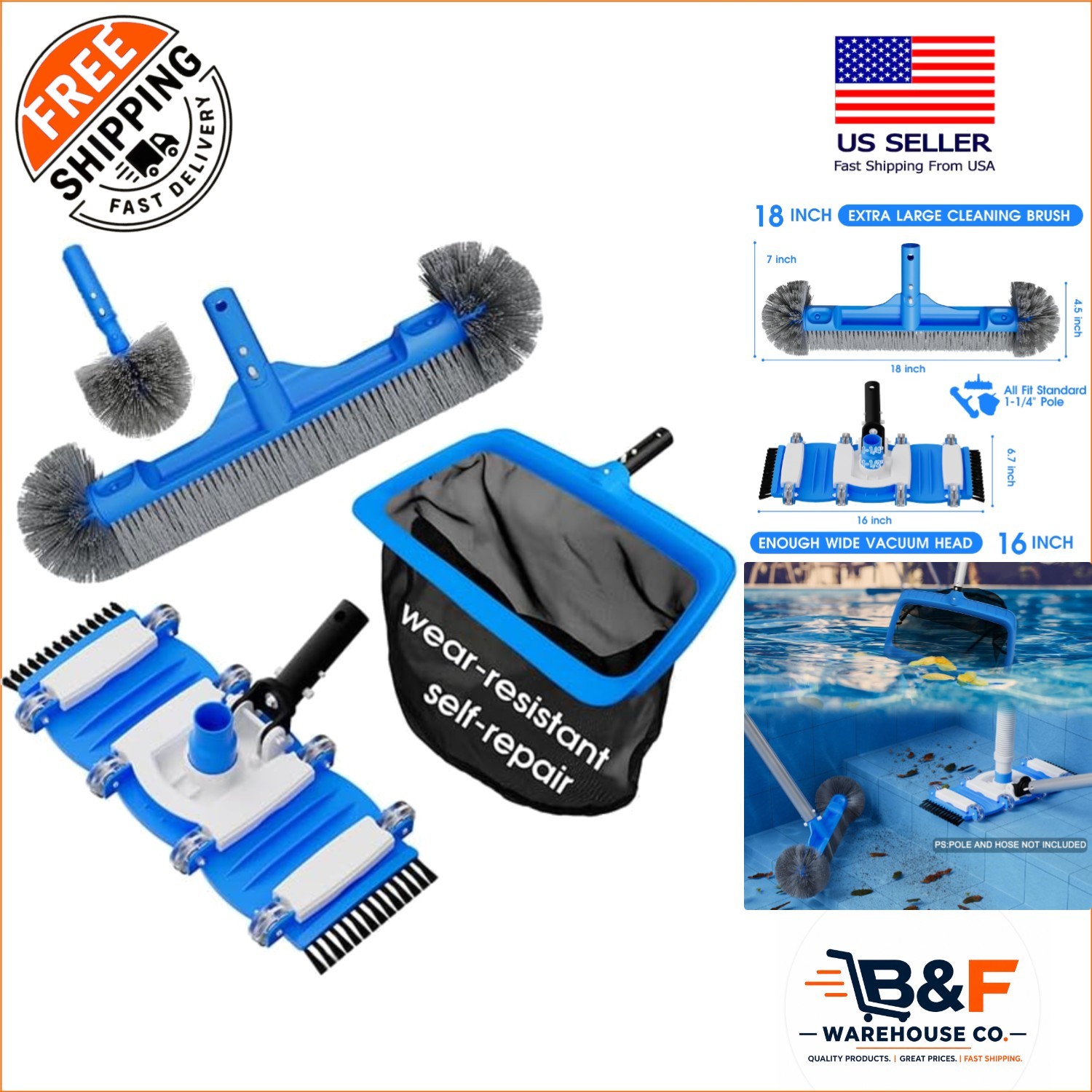 3-in-1 Pool Cleaning Kit: 18-inch Brush, Ergonomic Vacuum Head & Fine Mesh Net