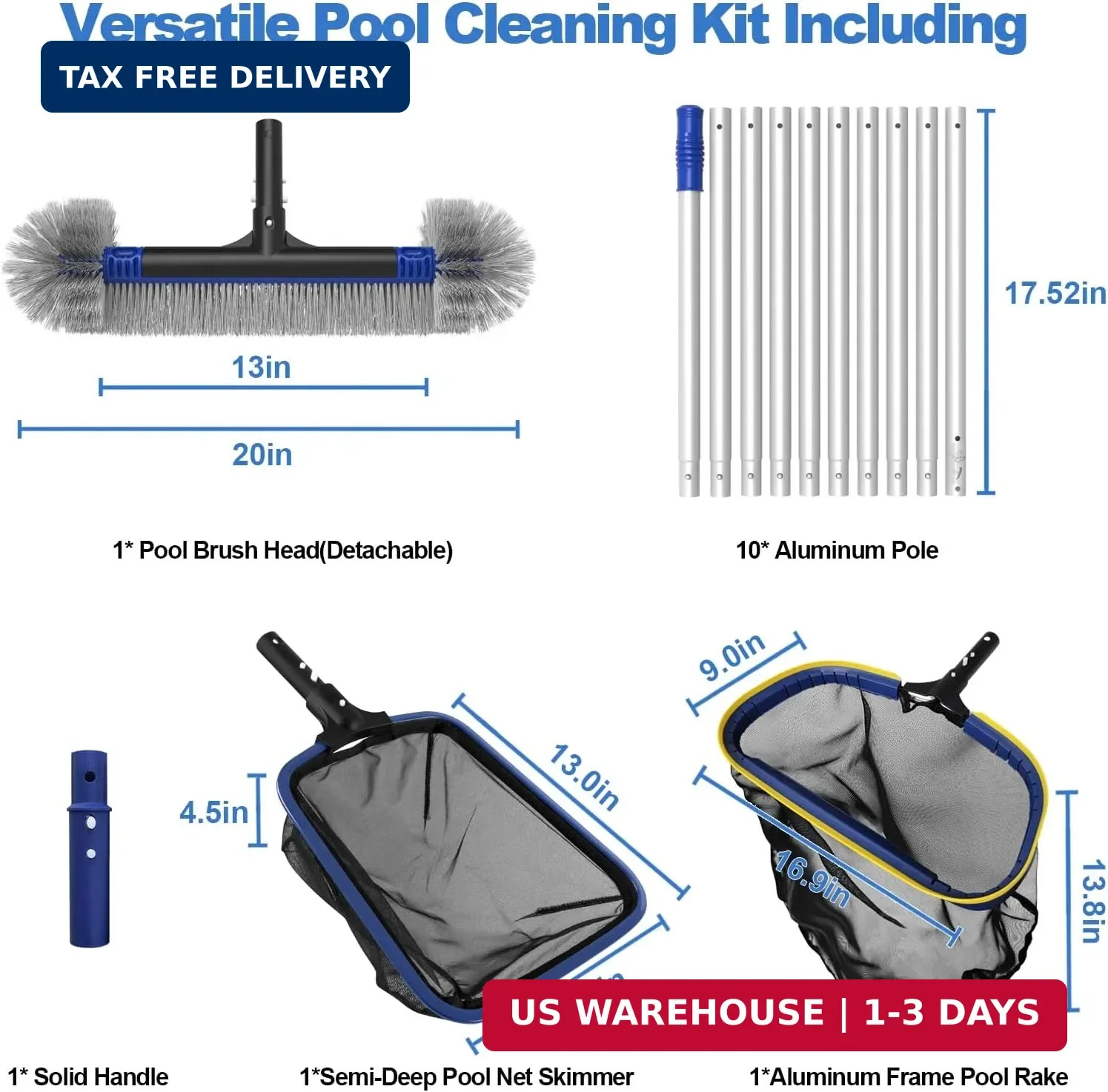 Poolvio 5-in-1 Pool Cleaning Kit – Includes Semi-Deep Skimmer Net, Aluminum Leaf