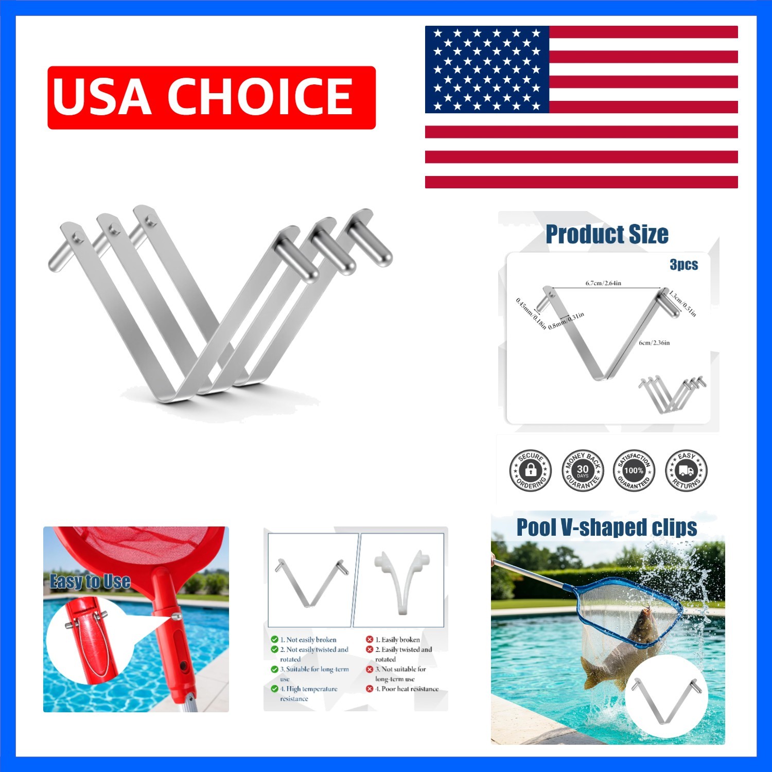 3 Pcs Pool Pole Clips,Stainless Steel Pool Brush Clip Pools Brush V-Shaped Cl…