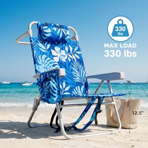 Palm Leaves Beach Chair Heavy Duty 330 lbs, 5-Position Lay Flat Folding