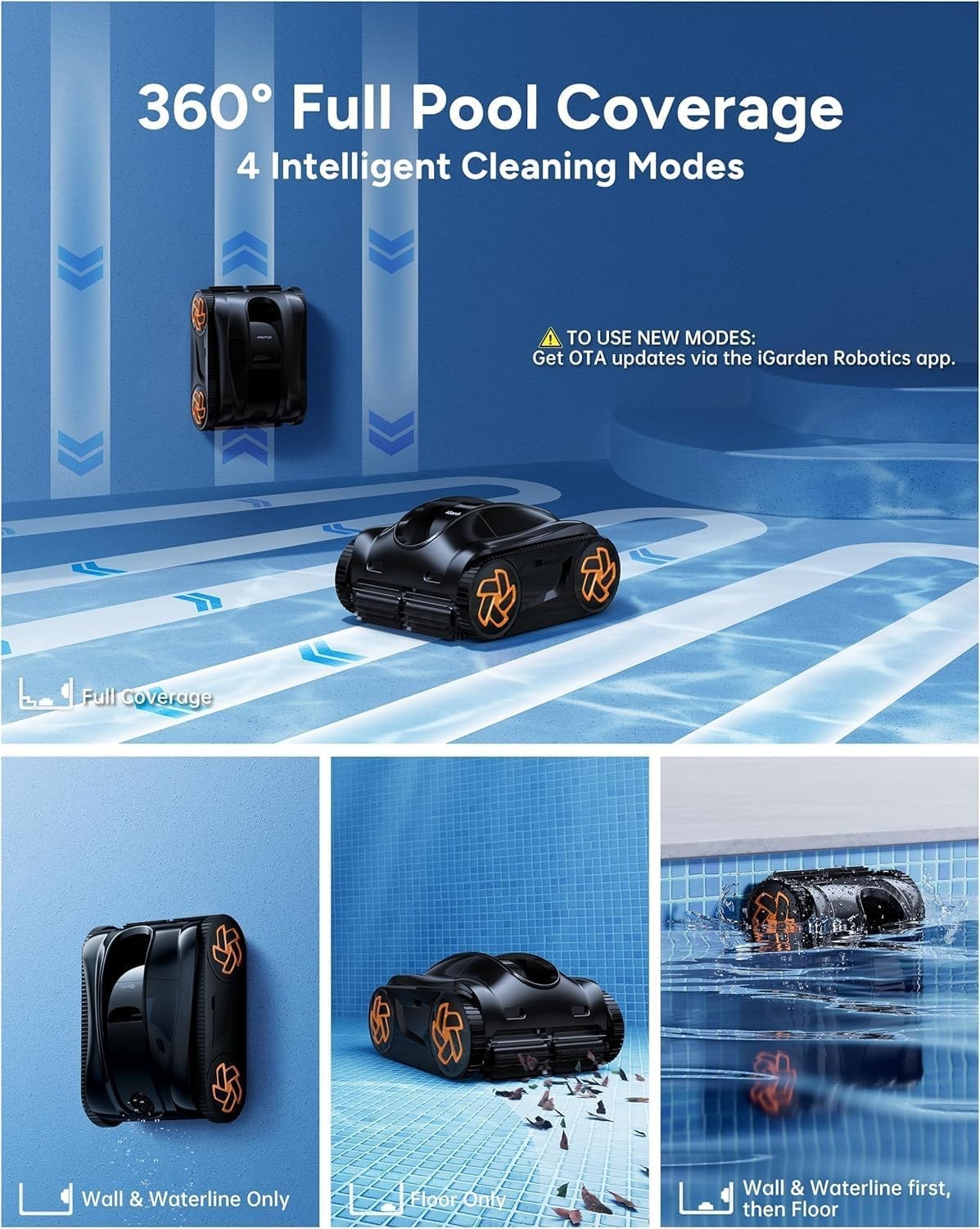 4-in-1 Cordless Robotic Pool Cleaner AI Control Self-Park Black