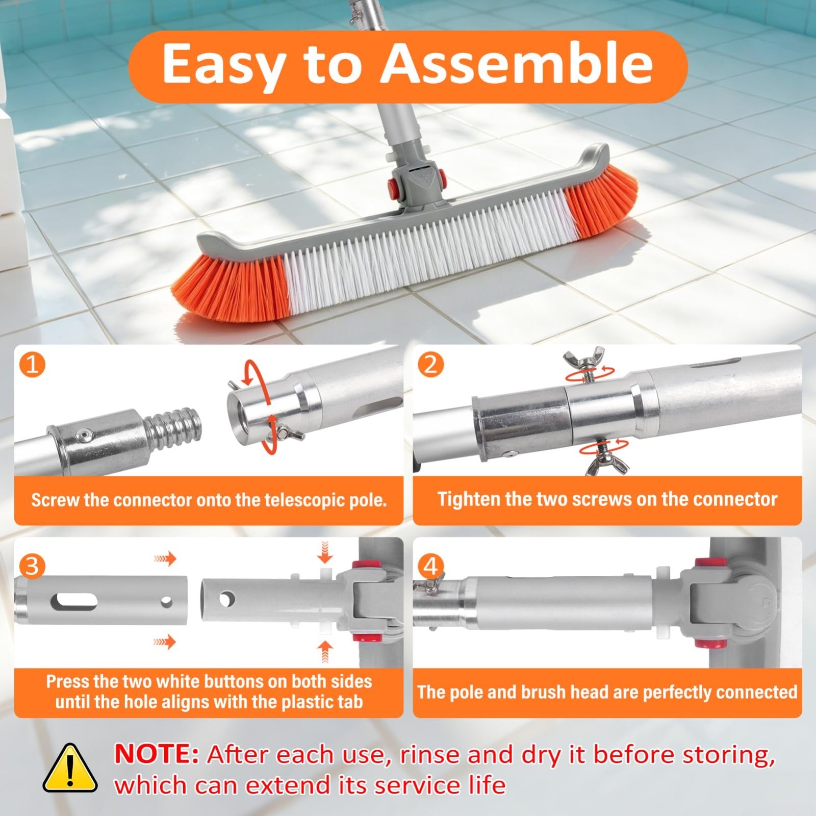 16FT Telescopic Pool Brush & Pole – Heavy Duty 19&Prime; Scrubber for Walls & Floors