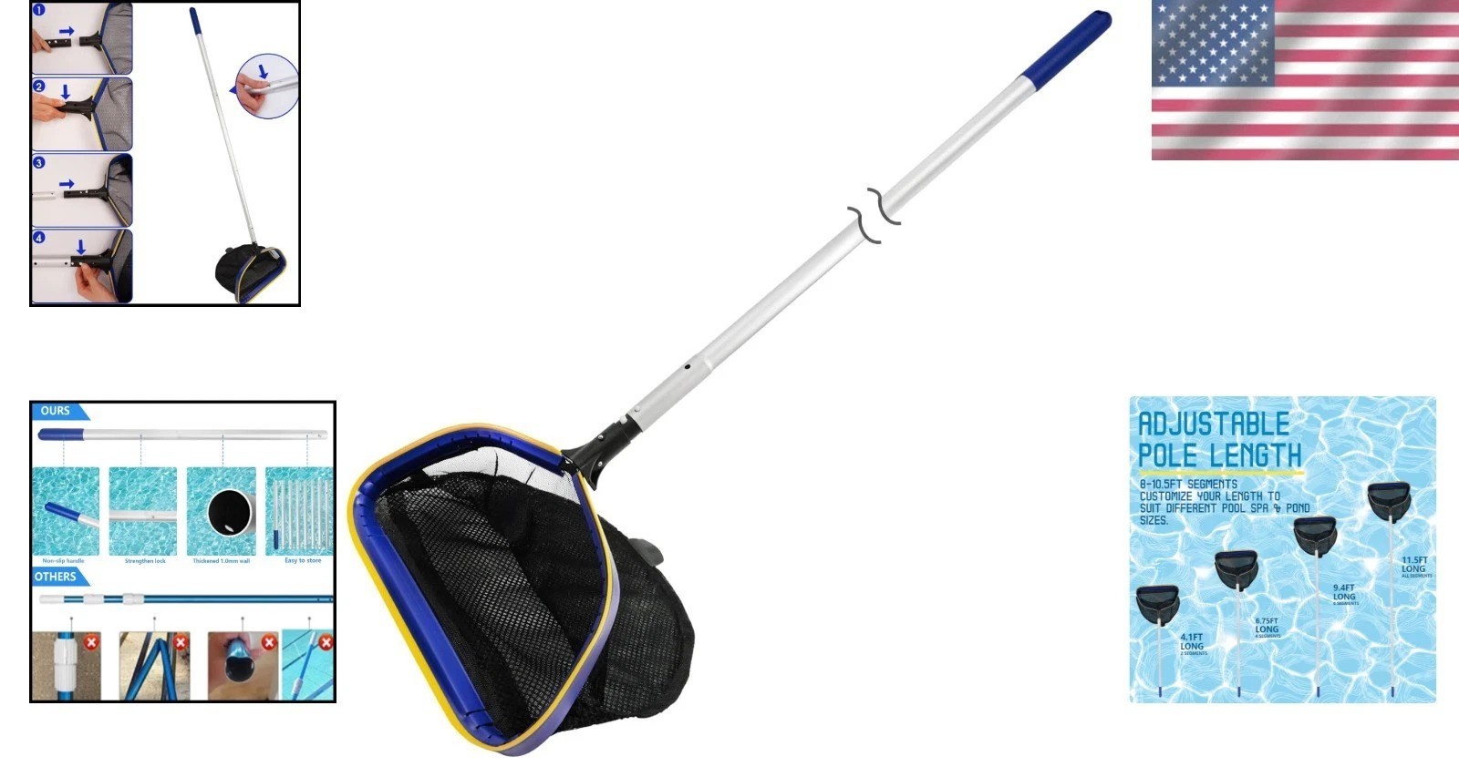 Effortless Pool Cleanup with Adjustable 3ft-10ft Skimmer Net & Heavy-Duty Design